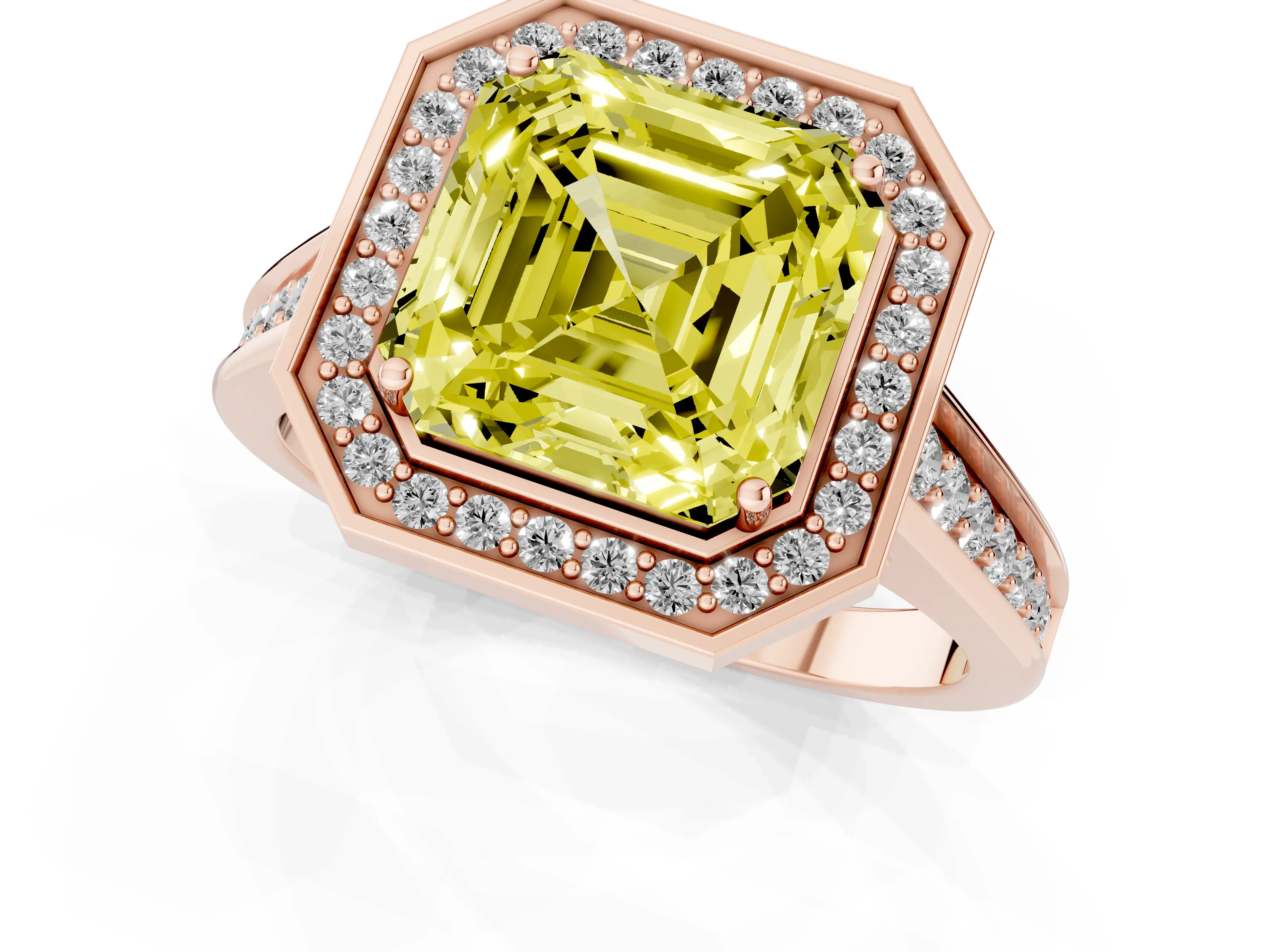 Fancy Yellow Asscher Cut Diamond Halo Solitaire Ring Set in Rose gold with Pavé Band and Bezel Setting