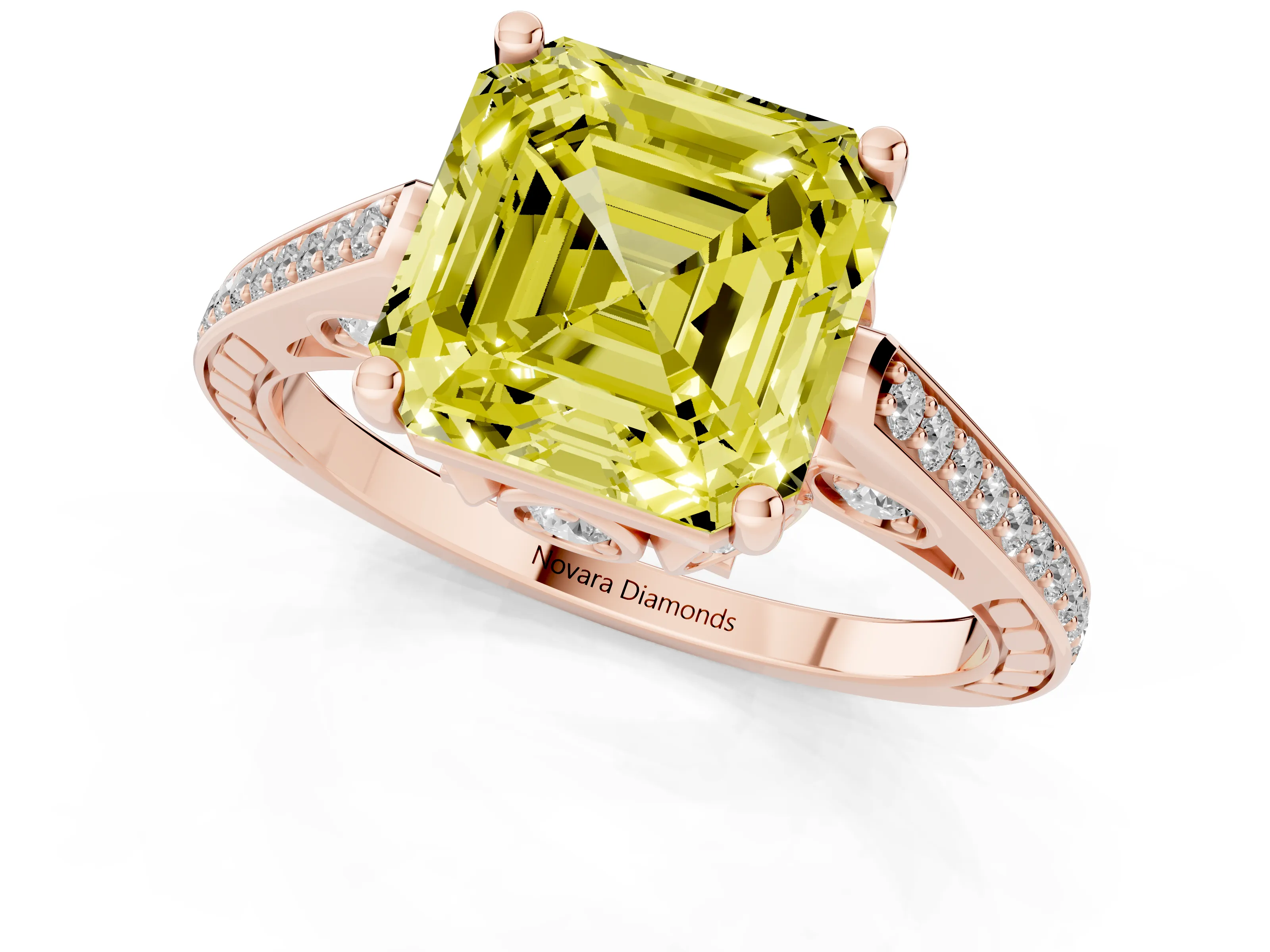 Fancy Yellow Asscher Cut Diamond Cathedral Pavé Engagement Ring Set in Rose gold with Prong Setting