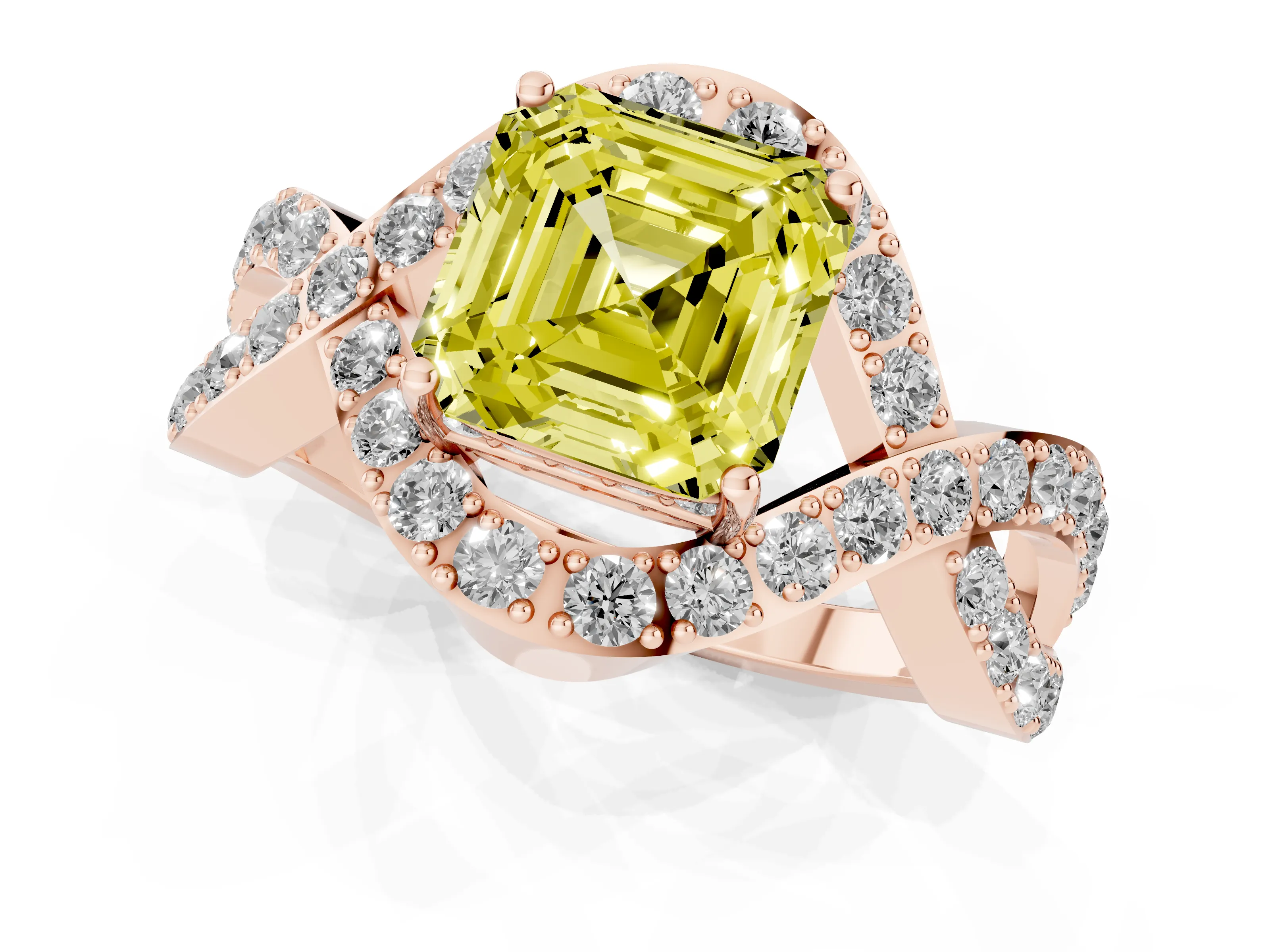 Fancy Yellow Asscher Cut Diamond Solitaire Twist Band Pavé Engagement Ring Set in Rose gold