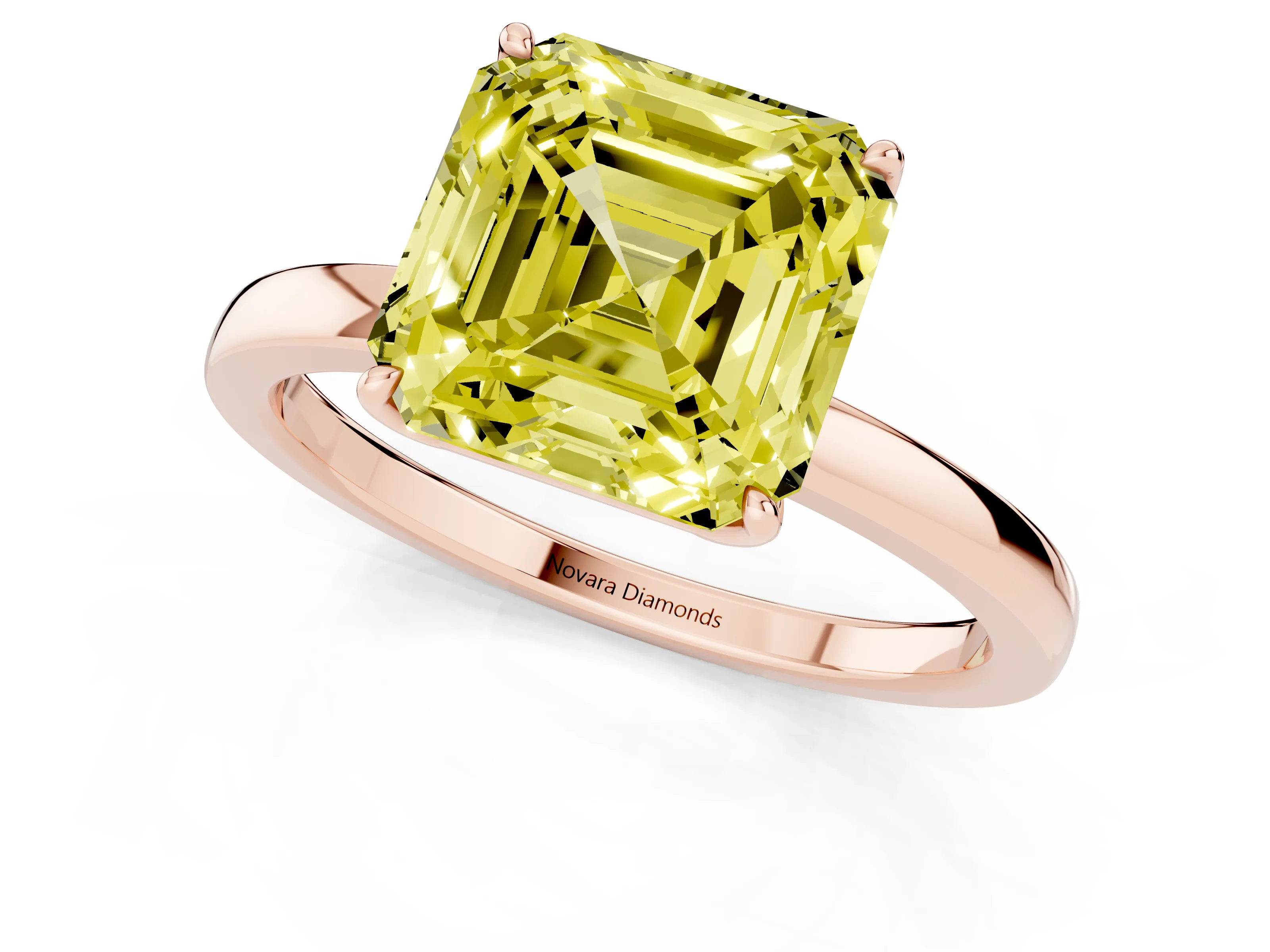 Fancy Yellow Asscher Cut Diamond Solitaire Ring Set in Rose gold with Prong Setting and Thin Polished Band