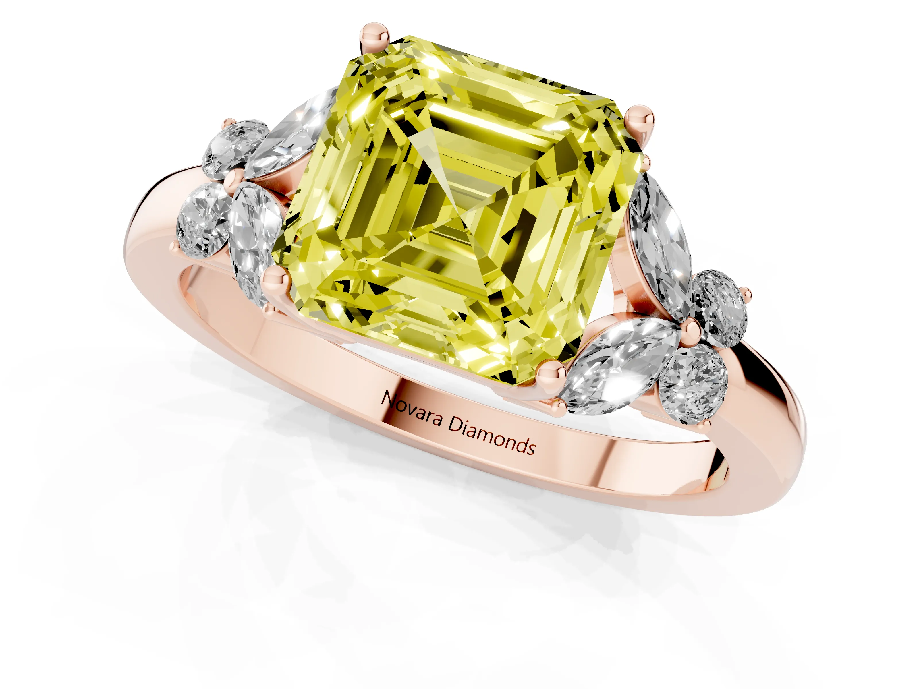 Fancy Yellow Asscher Cut Diamond Solitaire Floral Ring Set in Rose gold with Marquise Petals and Prong Setting