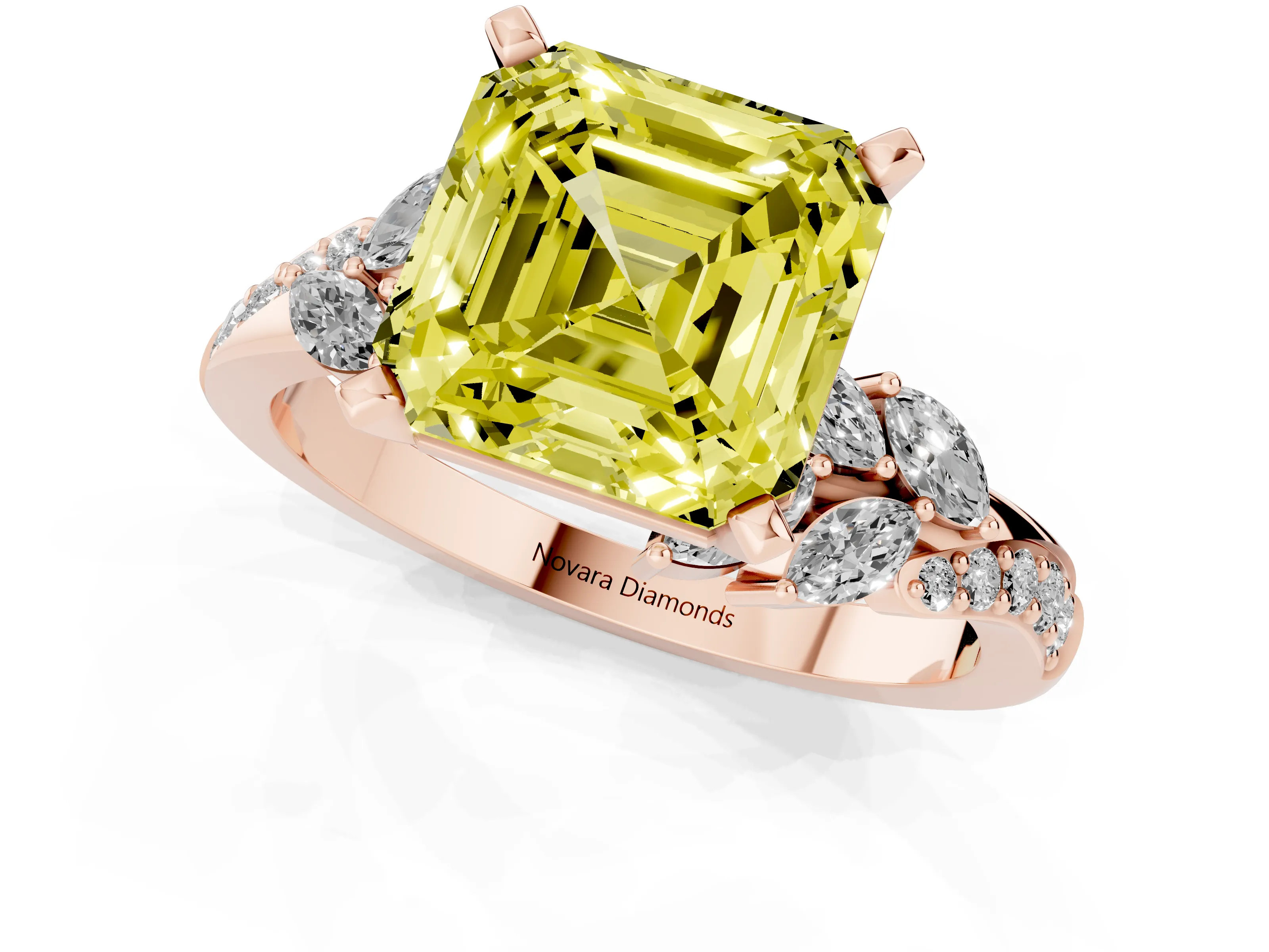 Fancy Yellow Asscher Cut Diamond Solitaire Ring Set in Rose gold with Marquise Twist Band and Prong Setting