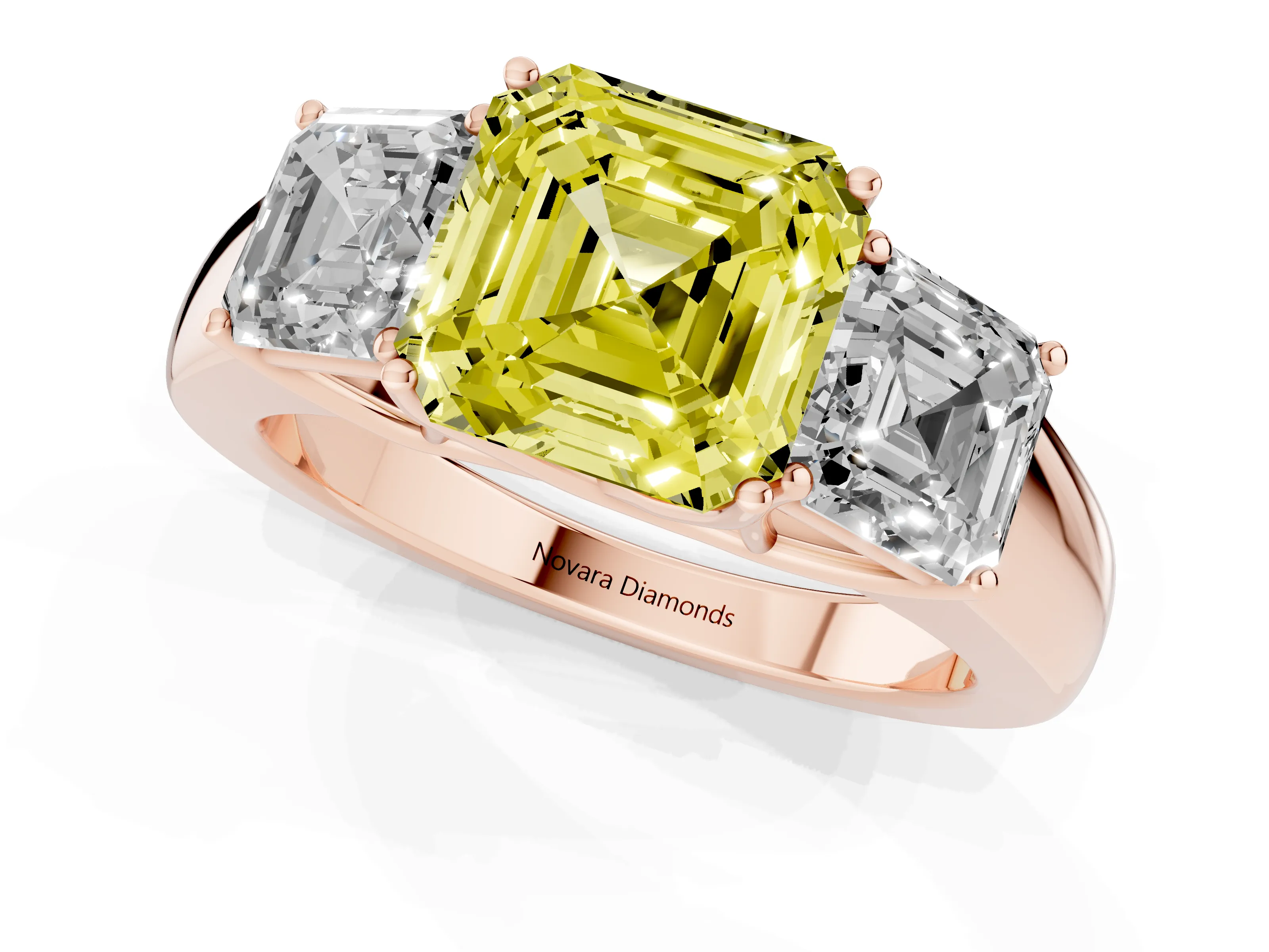 Fancy Yellow Three-Stone Asscher Cut Diamond Ring Set in Rose gold with Matching Prong Settings and Plain Band
