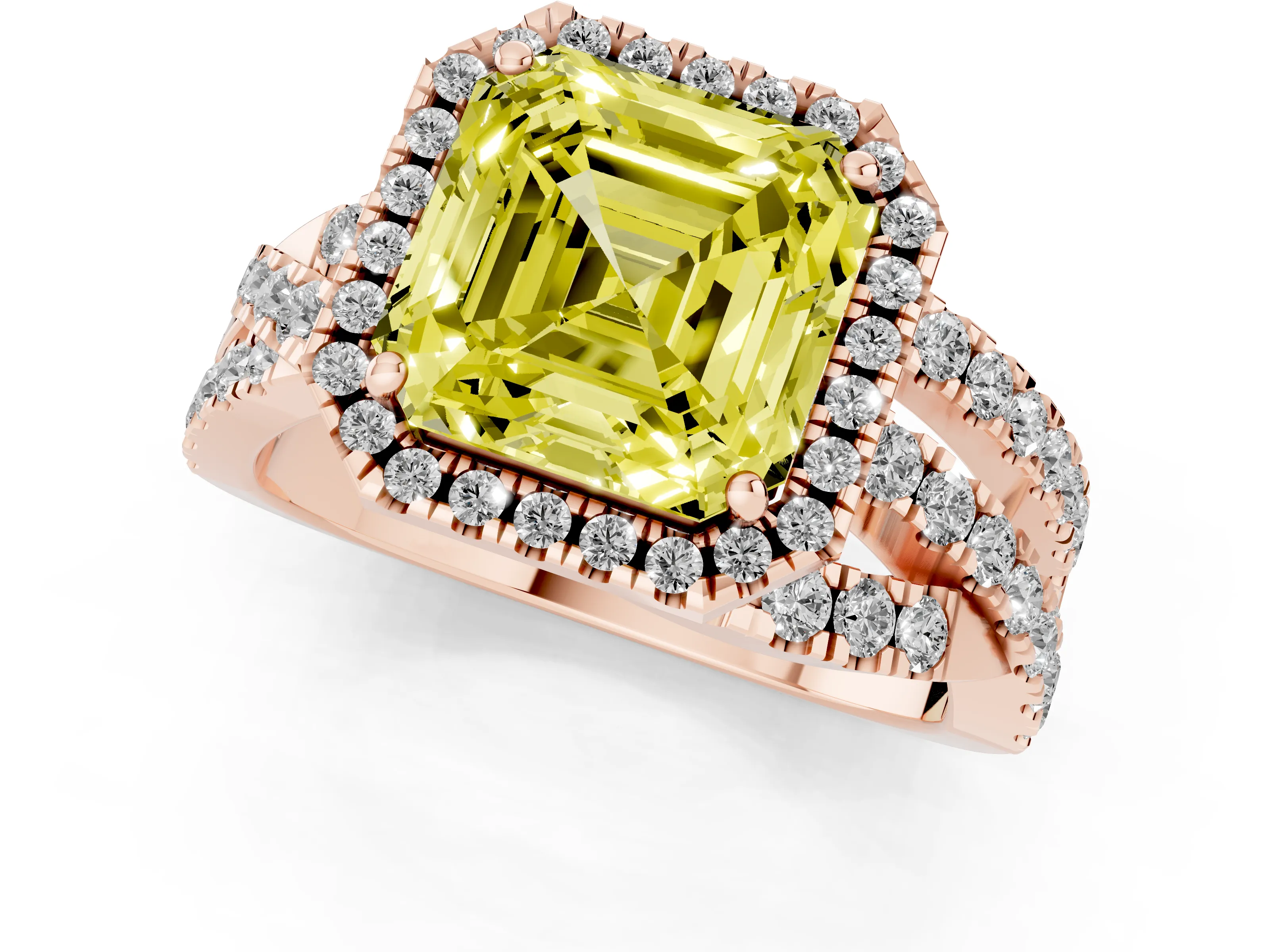 Fancy Yellow Asscher Cut Diamond Halo Ring Set in Rose gold with Round Crossover Split Shank and Prong Setting