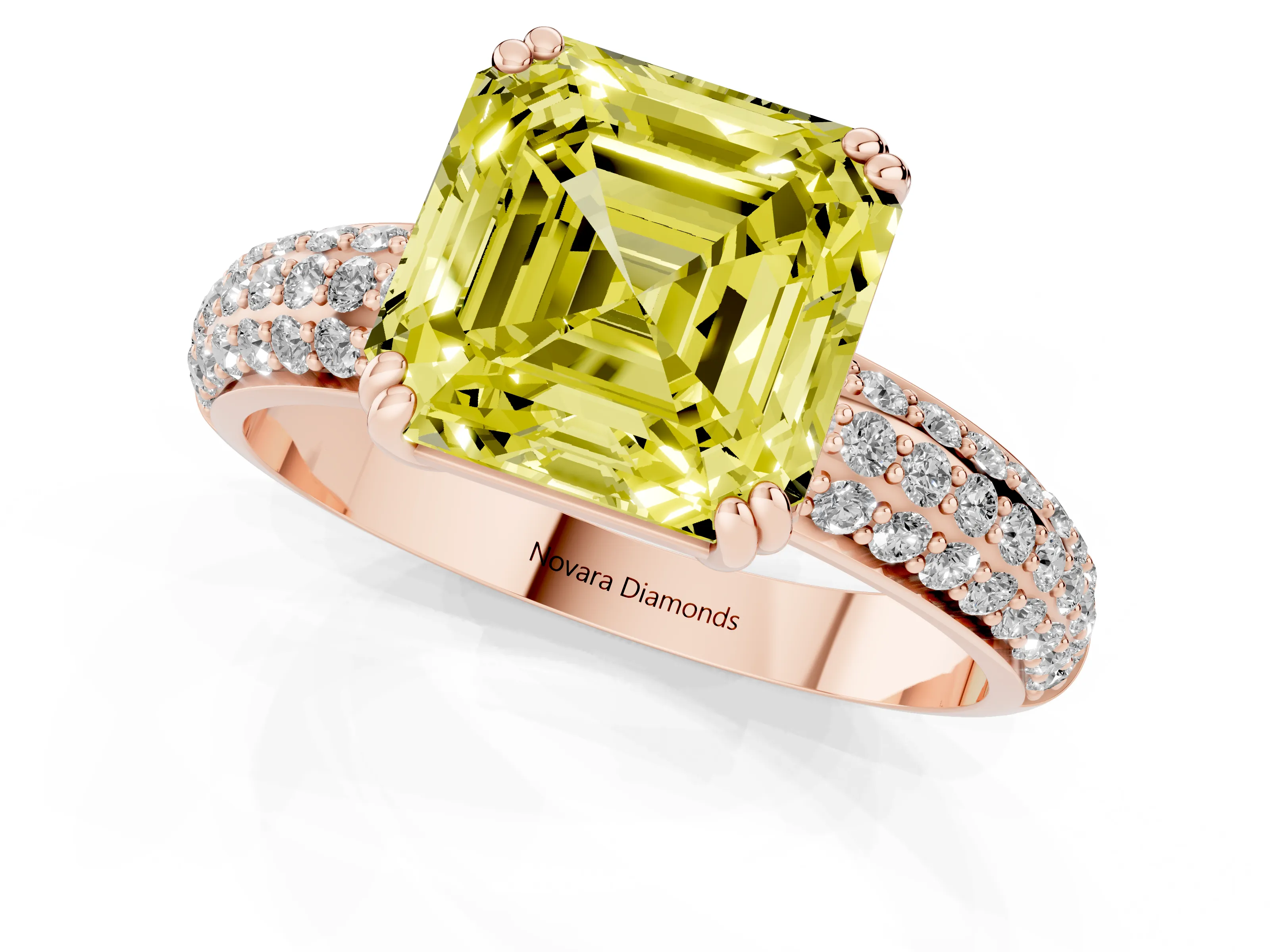 Fancy Yellow Asscher Cut Diamond Solitaire Ring Set in Rose gold with Multi-Row Round Pavé Band and Prong Setting