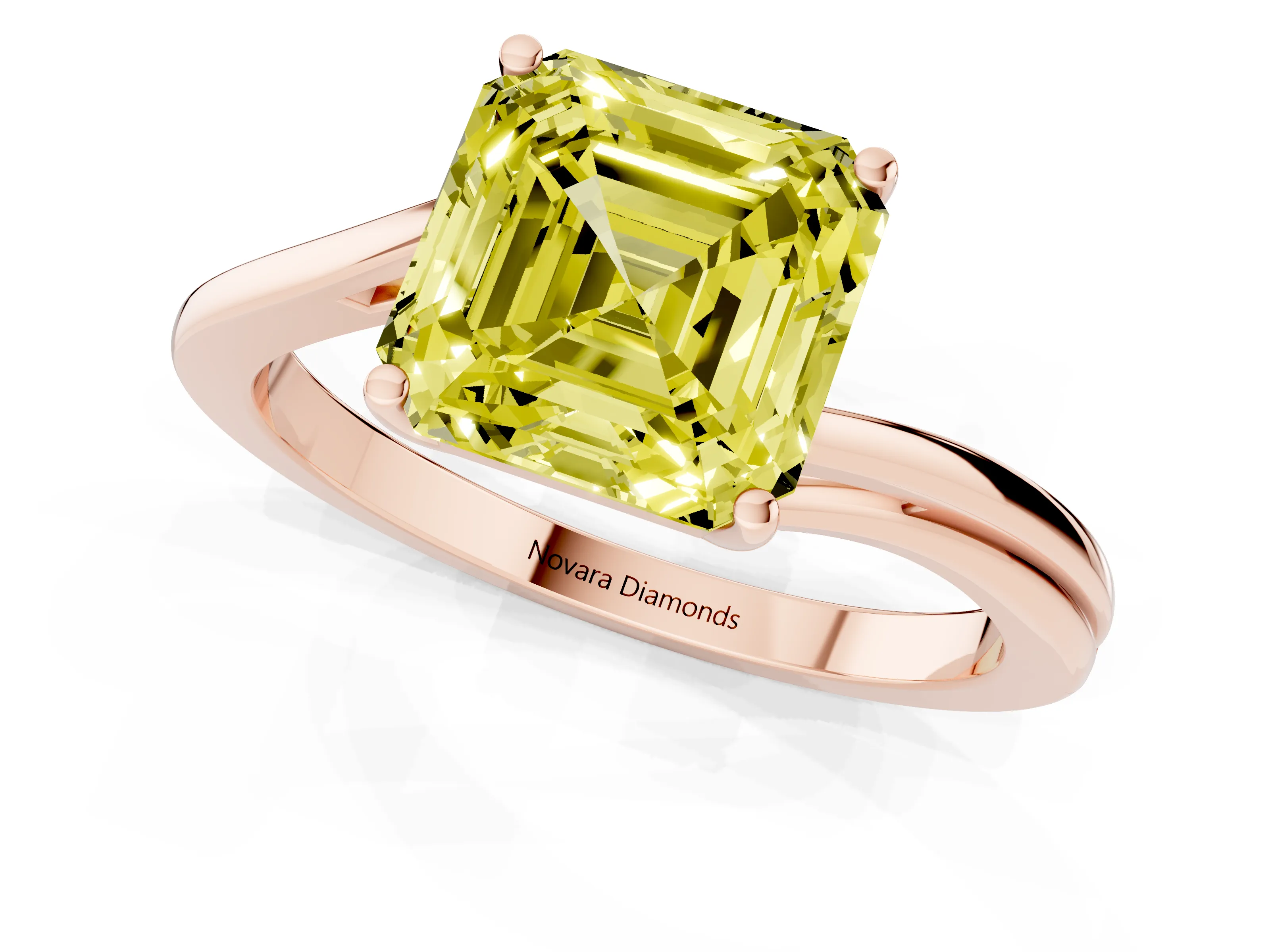Fancy Yellow Asscher Cut Diamond Solitaire Twist Band Ring Set in Rose gold with Prong Setting