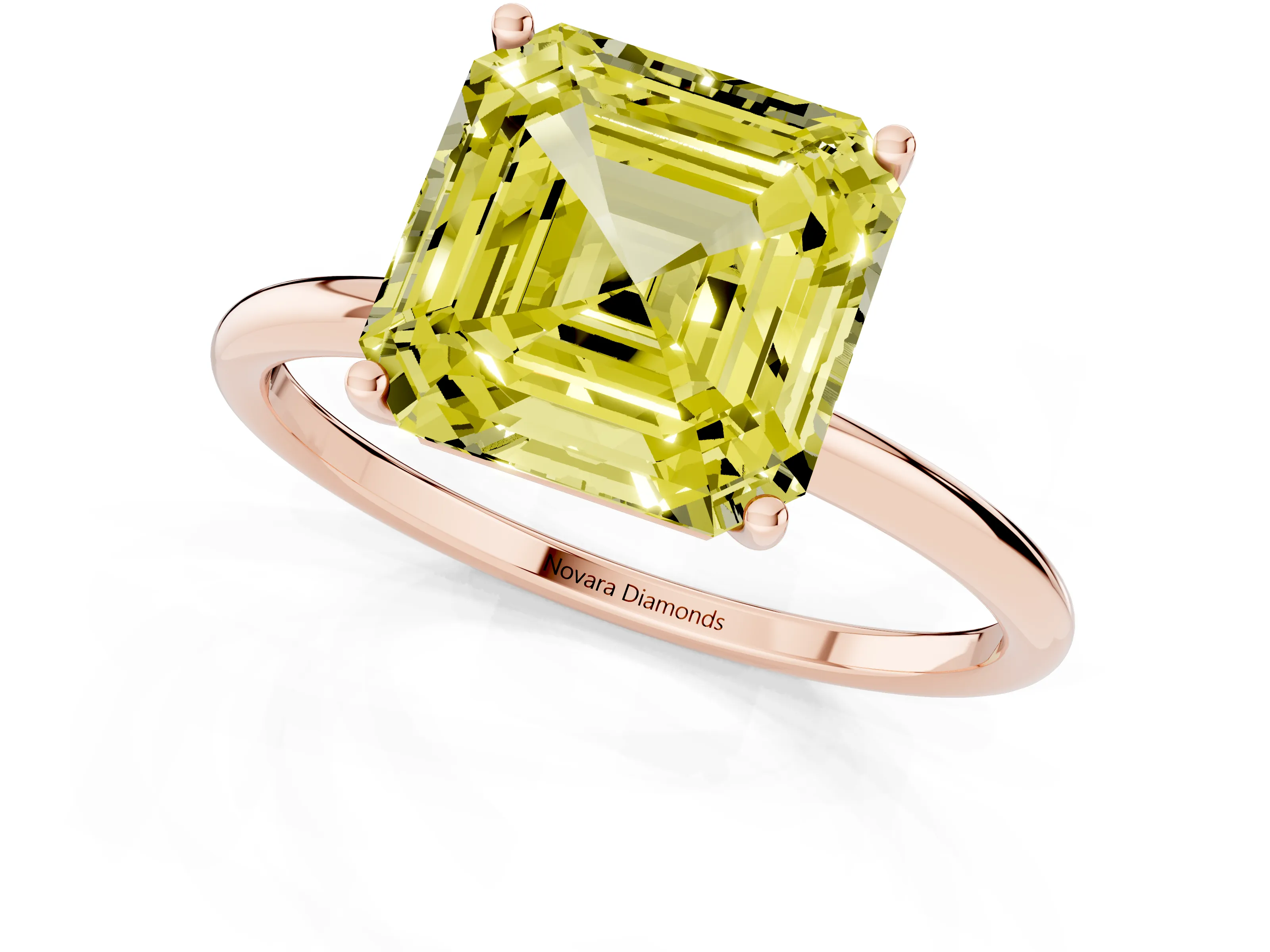 Fancy Yellow Asscher Cut Diamond Solitaire Engagement Ring Set in Rose gold with Thin Band and Prong Setting