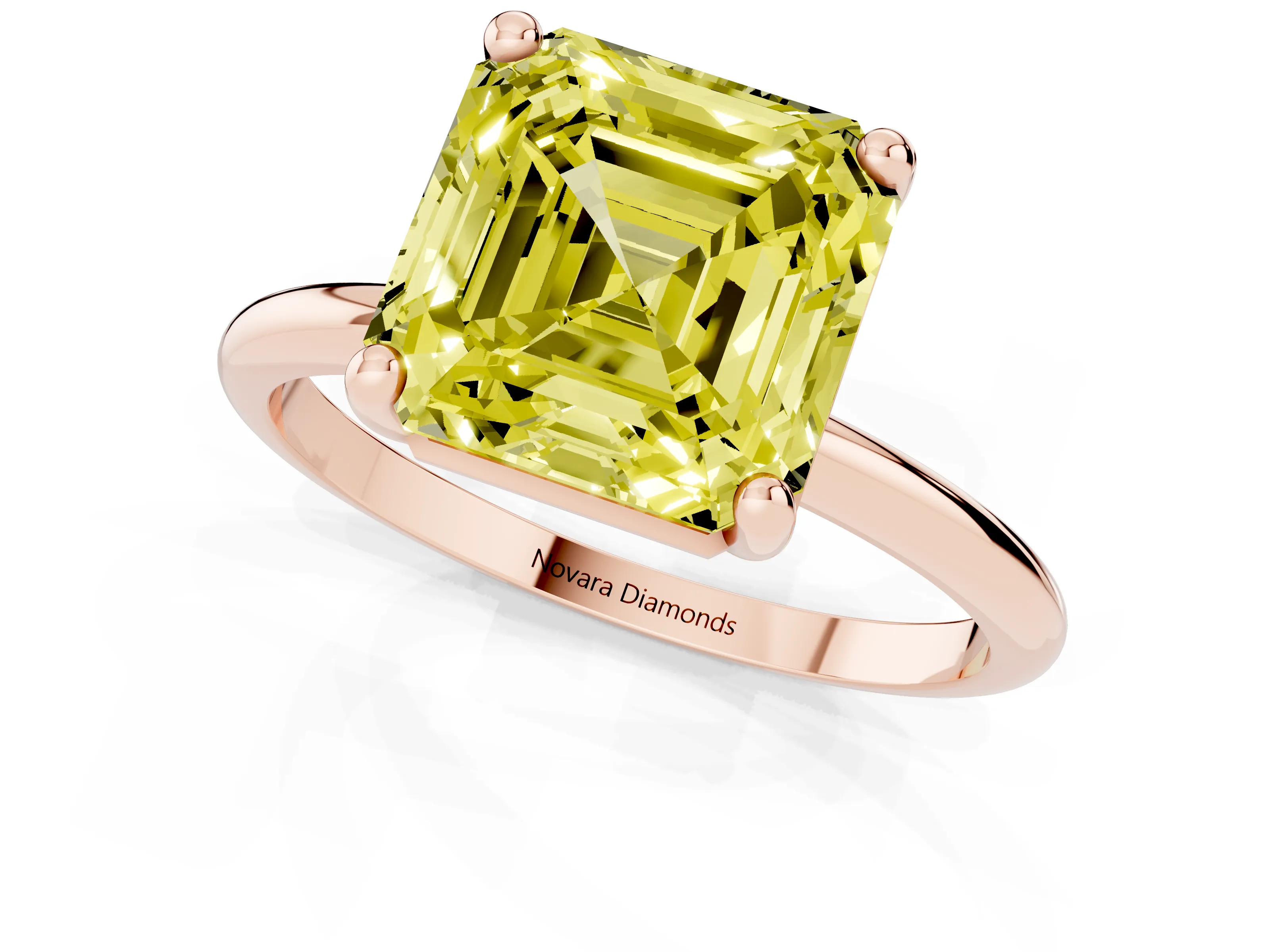 Fancy Yellow Asscher Cut Diamond Solitaire Ring Set in Rose gold with Secure Prong Setting on a Classic Band