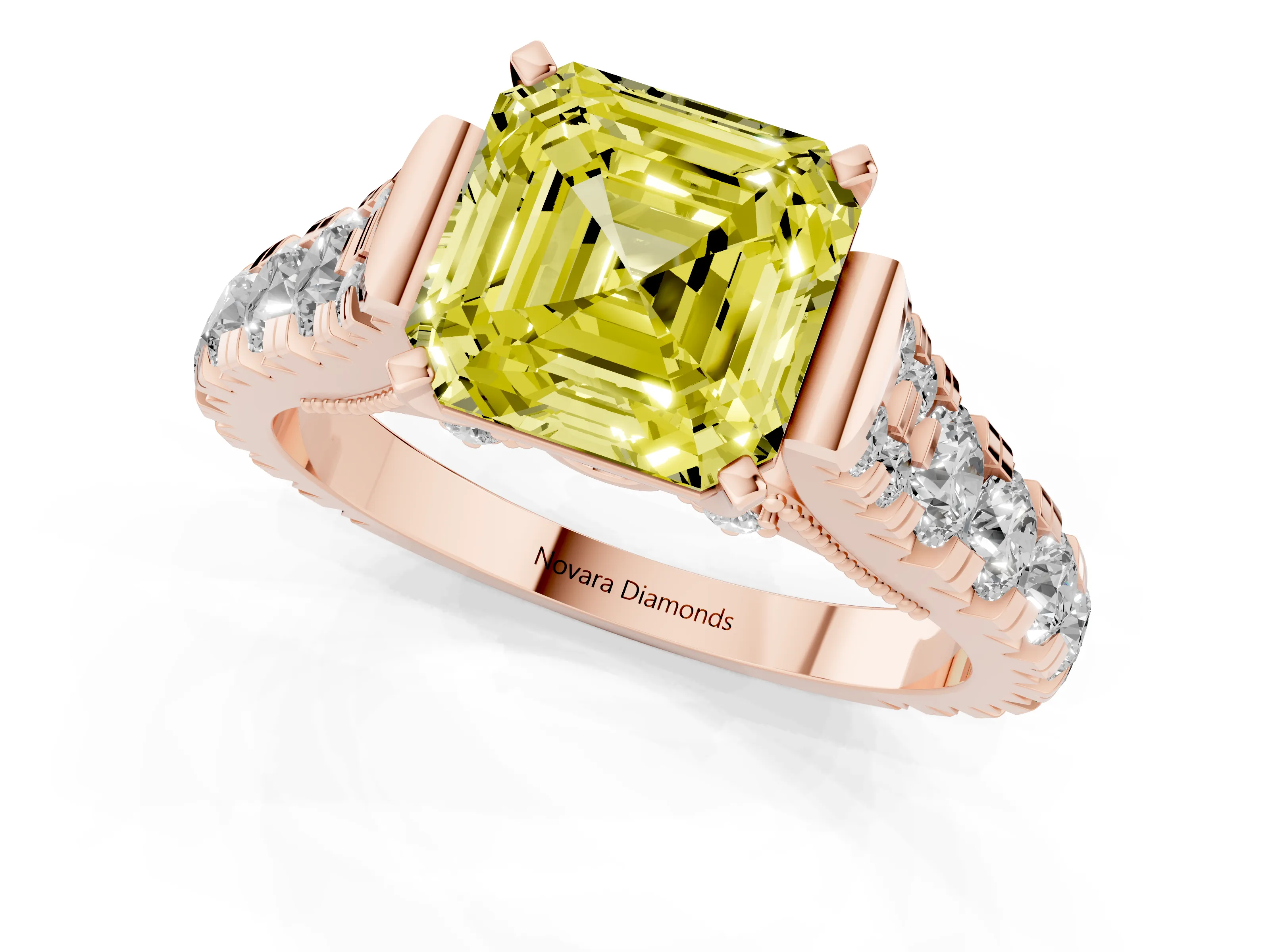 Fancy Yellow Asscher Cut Diamond Classic Solitaire Ring Set in Rose gold with Pavé Band and Prong Setting