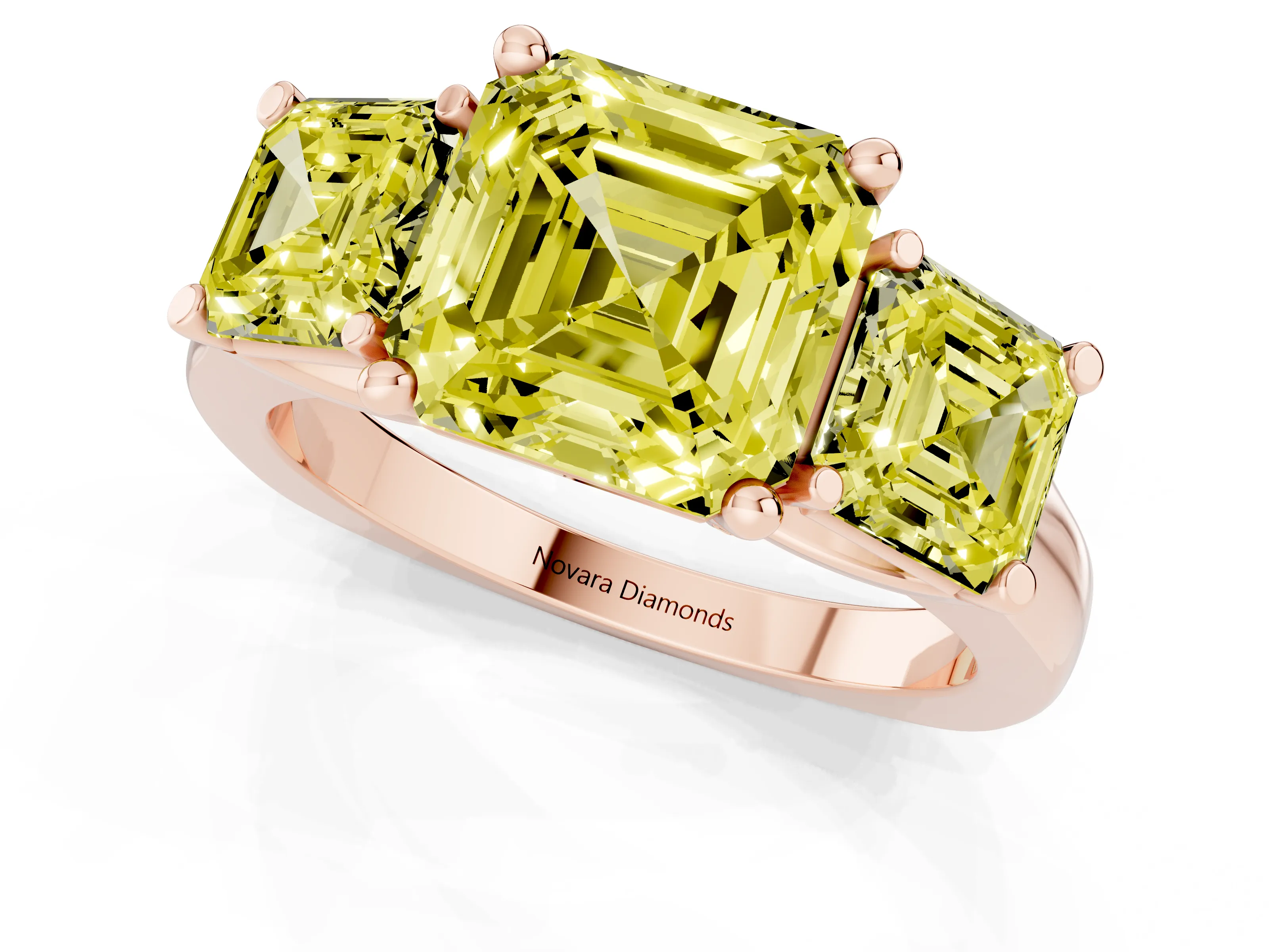 Fancy Yellow Asscher Cut Diamond Three-Stone Trellis Ring Set in Rose gold with Comfort Fit Band