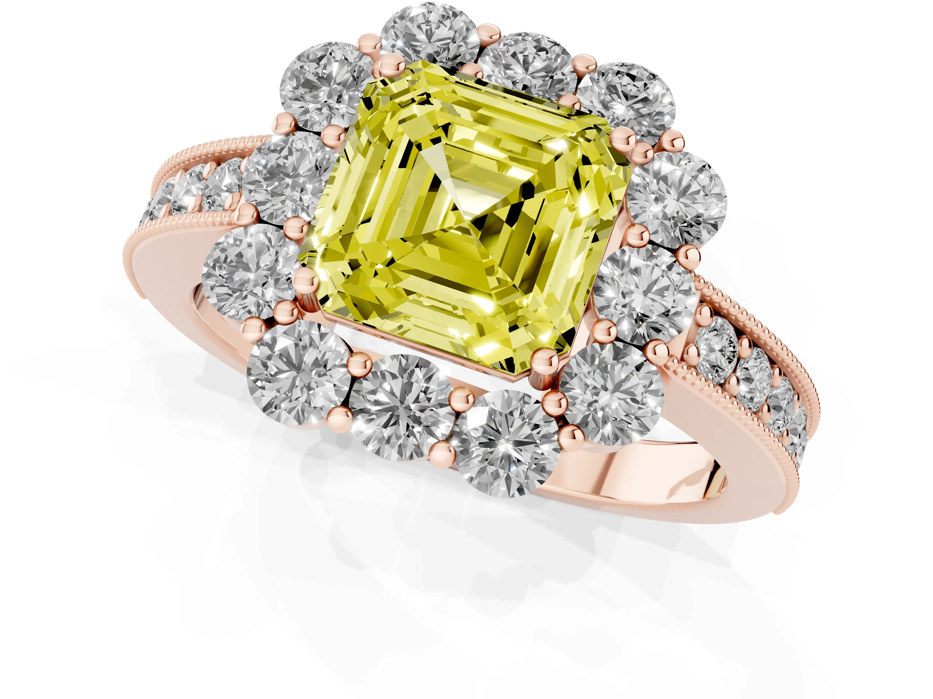 Fancy Yellow Asscher Cut Diamond Halo Pavé Engagement Ring Set in Rose gold with Milgrain Detailing