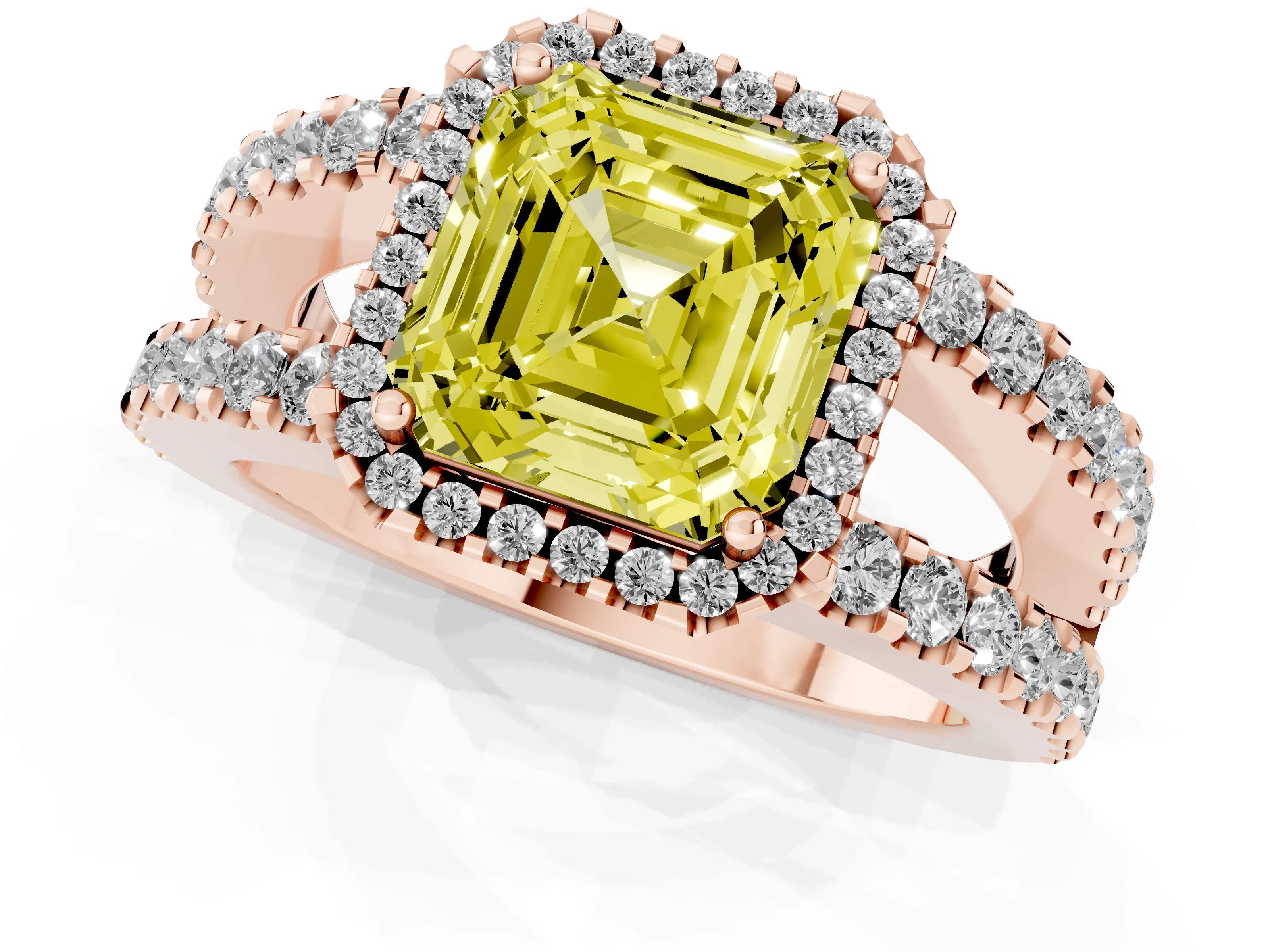 Fancy Yellow Asscher Cut Diamond Halo Ring Set in Rose gold with Pavé Split Shank and Prong Setting