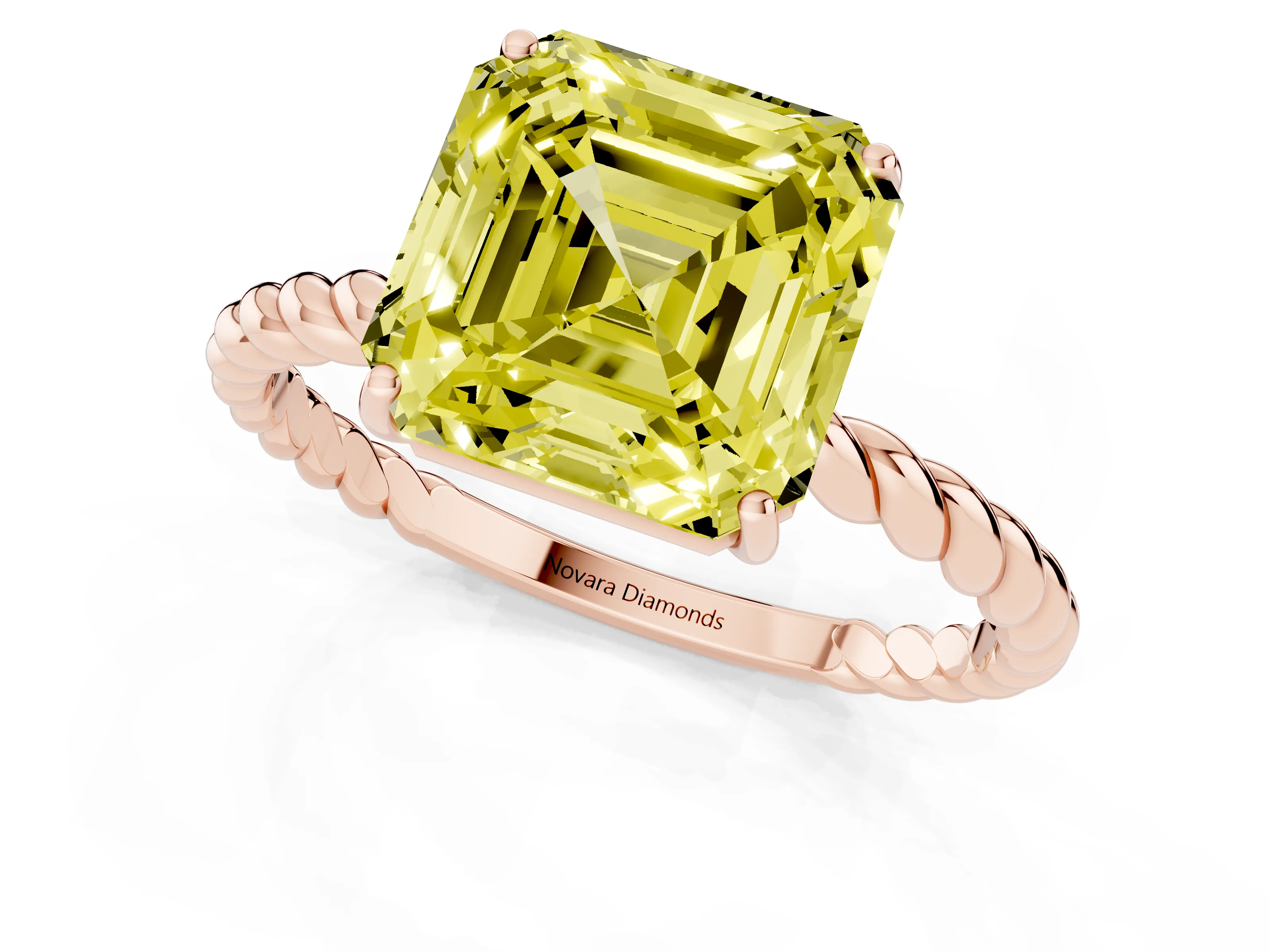 Fancy Yellow Asscher Cut Diamond Solitaire Ring Set in Rose gold with Twist Band and Prong Setting
