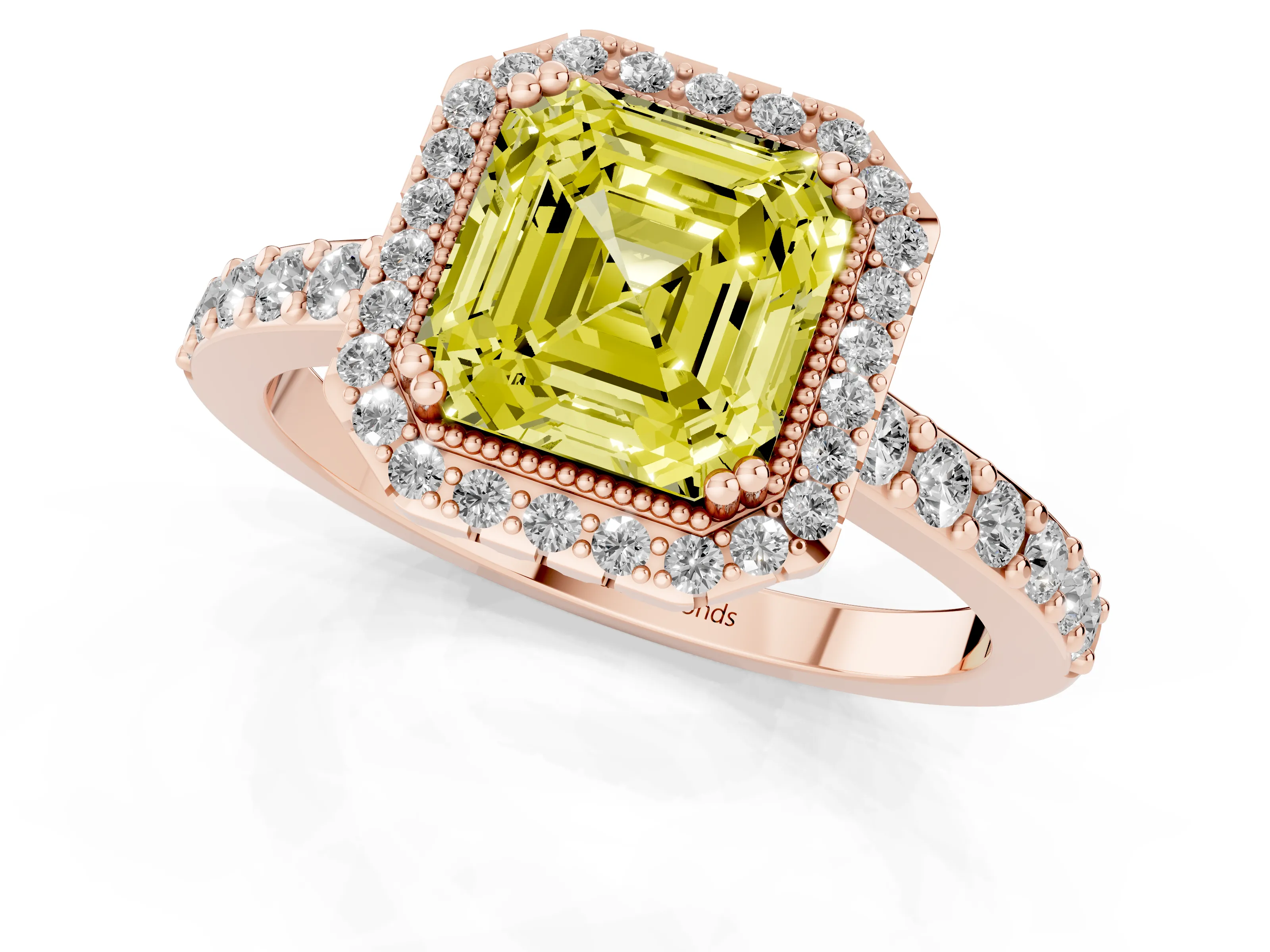 Fancy Yellow Asscher Cut Diamond Halo Engagement Ring Set in Rose gold with Milgrain Detail and Pavé Band