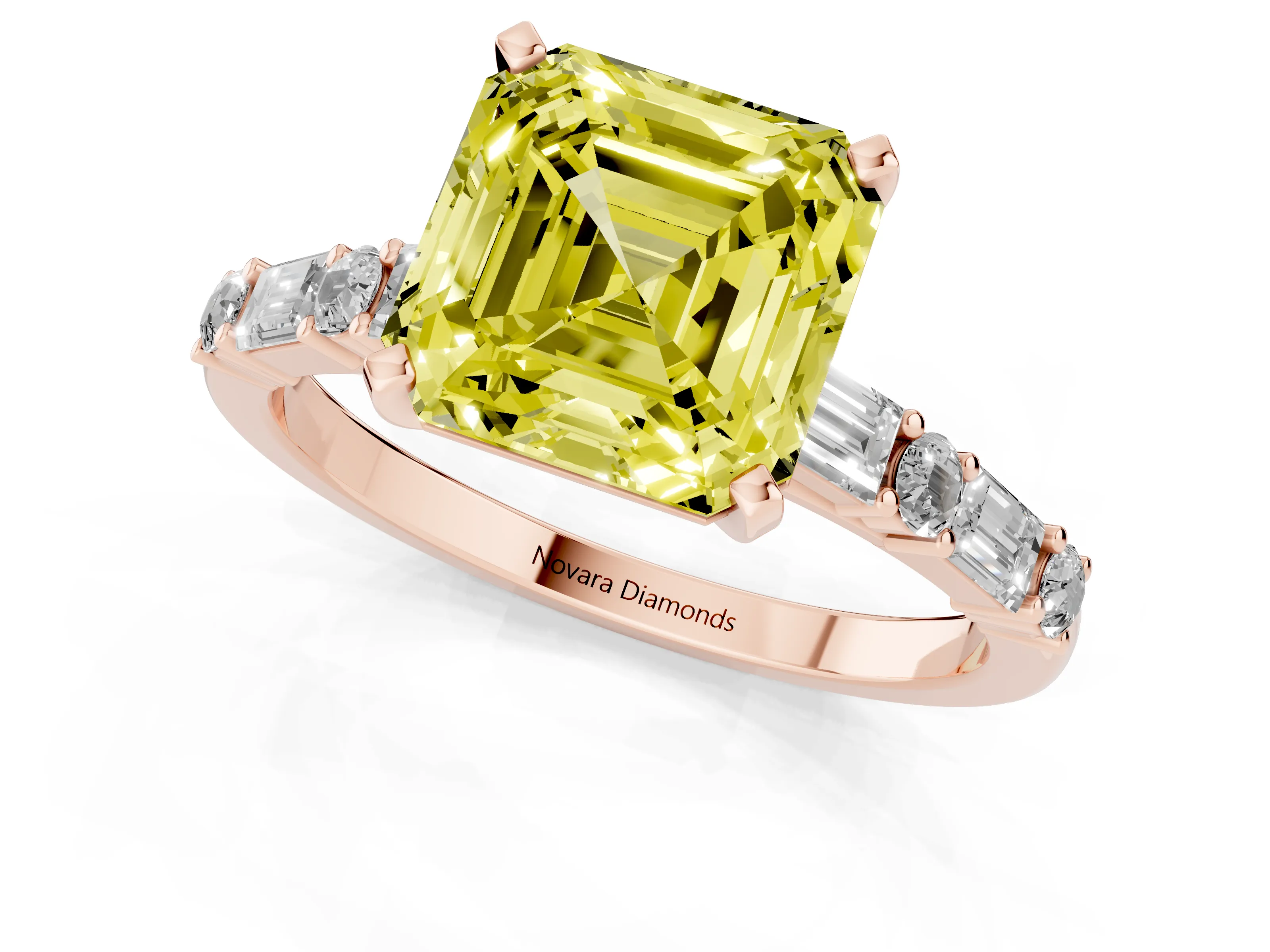 Fancy Yellow Asscher Cut Diamond Solitaire Set in Rose gold with Side Baguettes and Channel Set Band