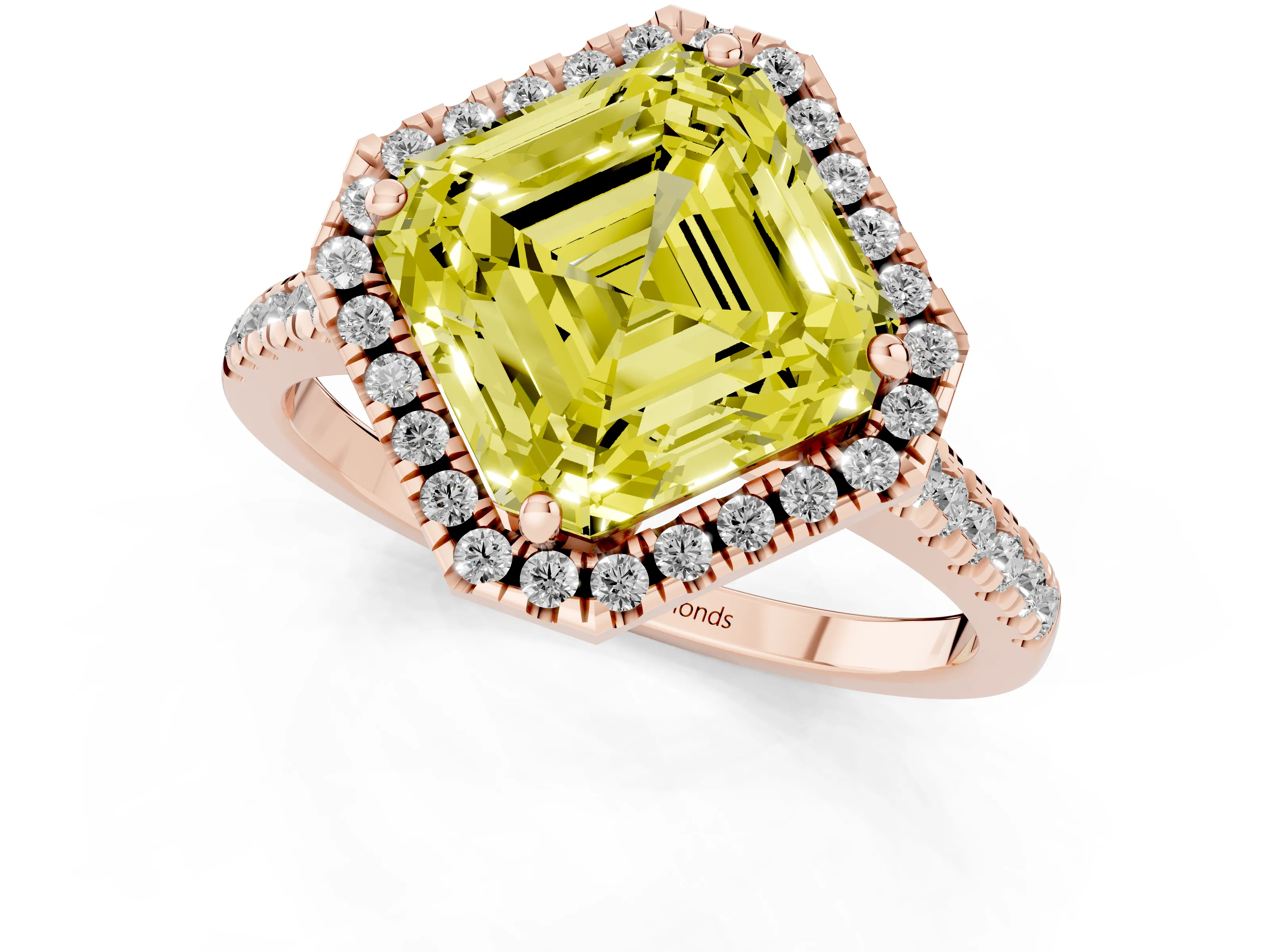 Fancy Yellow Asscher Cut Diamond Cushion Halo Ring Set in Rose gold with Pavé Band