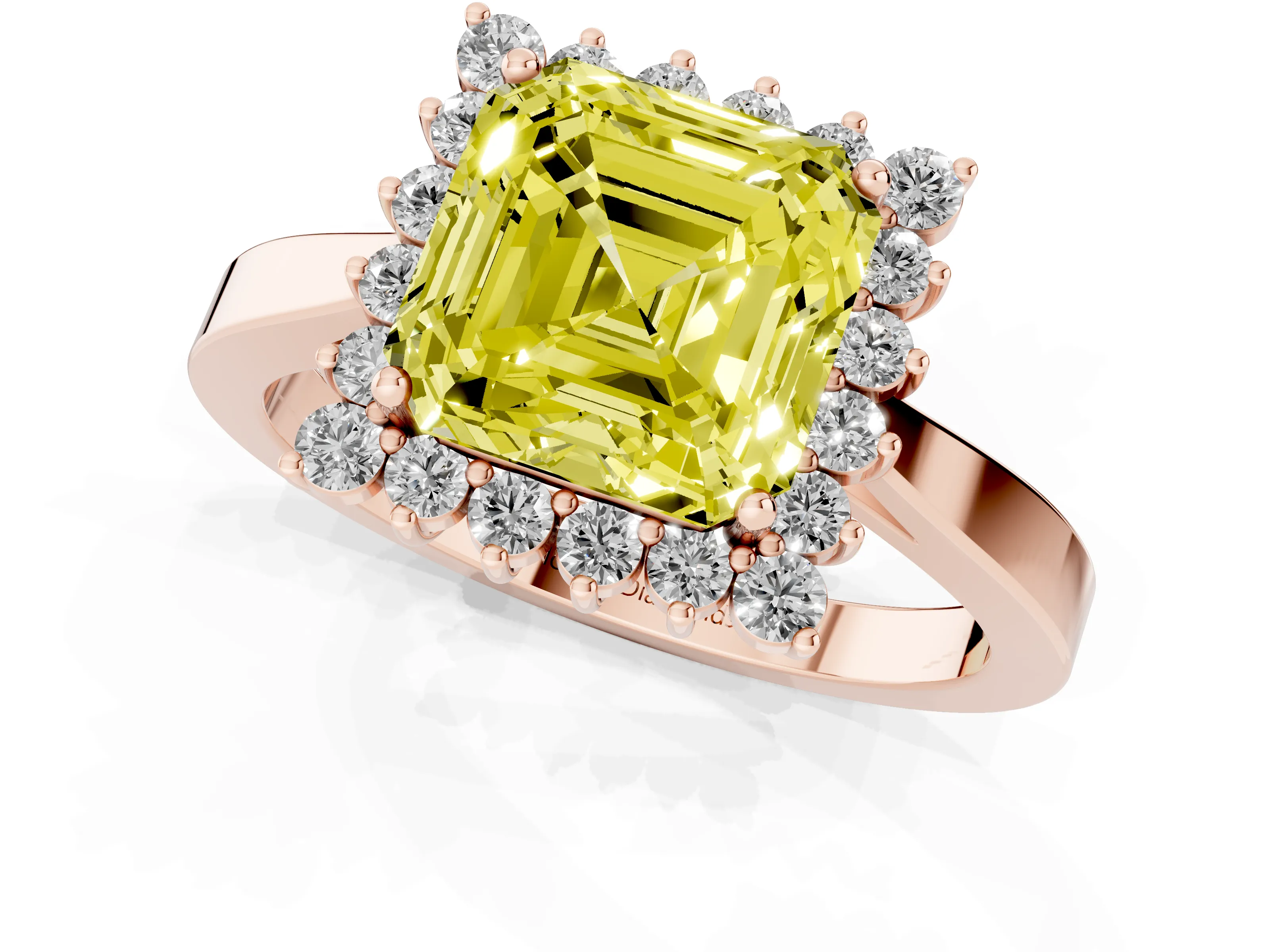 Fancy Yellow Asscher Cut Diamond Halo Ring Set in Rose gold with Round Halo and Smooth Solitaire Band