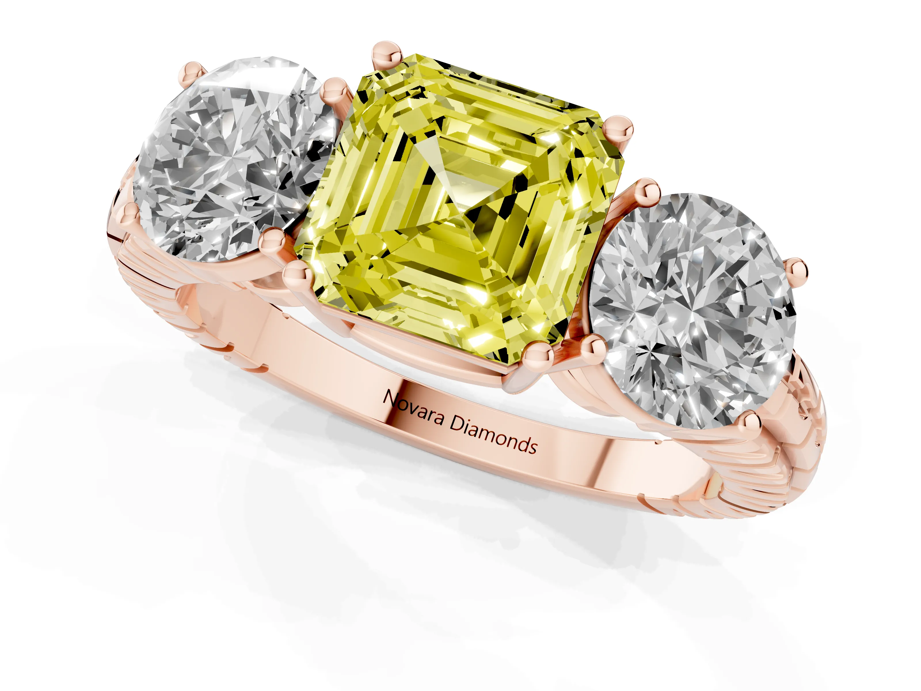 Fancy Yellow Asscher Cut Diamond Three-Stone Ring Set in Rose gold with Channel-Set Accent Band