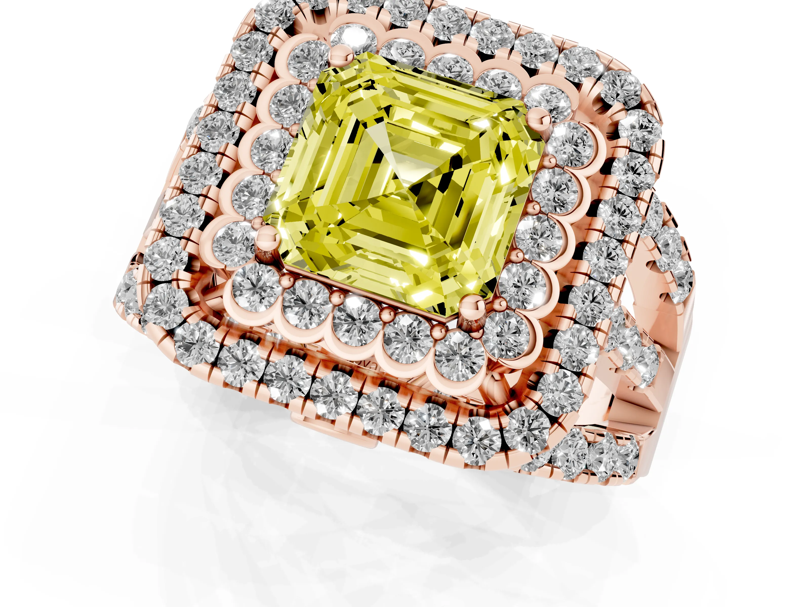 Fancy Yellow Asscher Cut Diamond Double Halo Ring Set in Rose gold with Round Pavé Split Shank