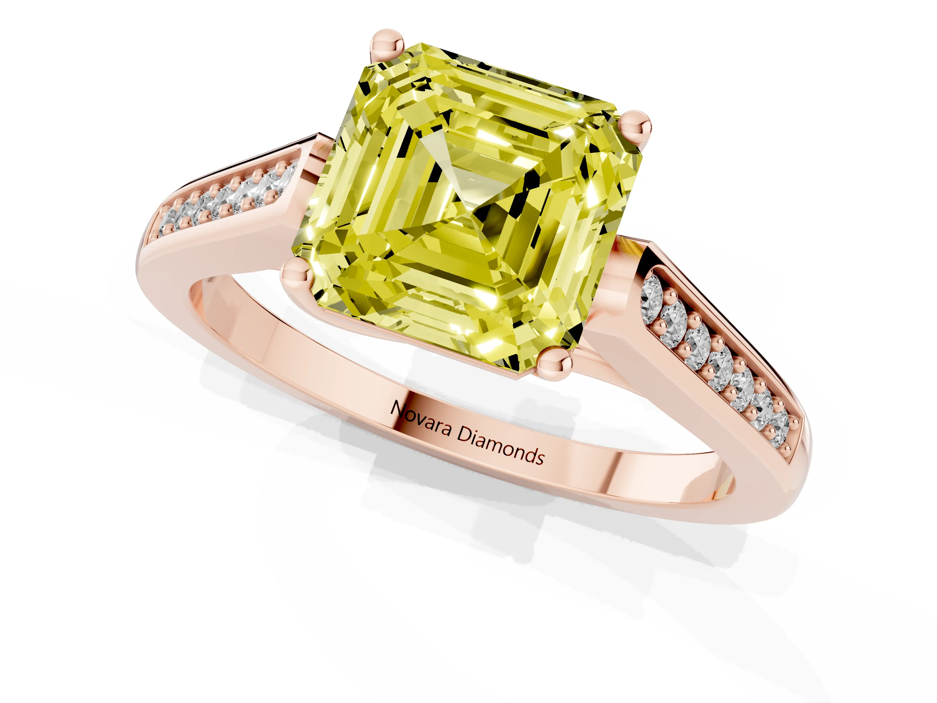 Fancy Yellow Asscher Cut Diamond Solitaire Cathedral Engagement Ring Set in Rose gold with Channel-Set Band and Prong Setting