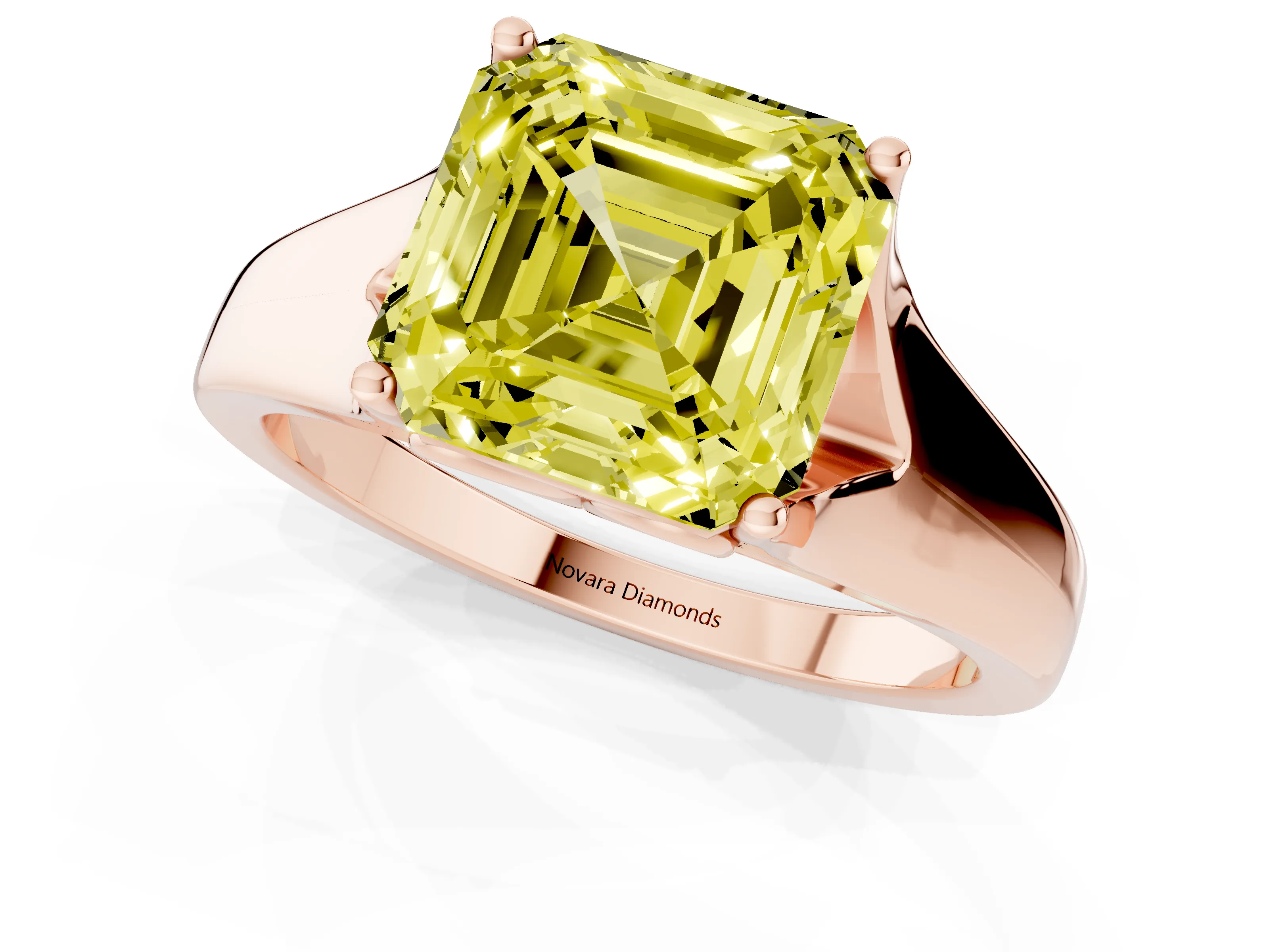Fancy Yellow Asscher Cut Diamond Solitaire Ring Set in Rose gold with Arched Cathedral Band and Prong Setting