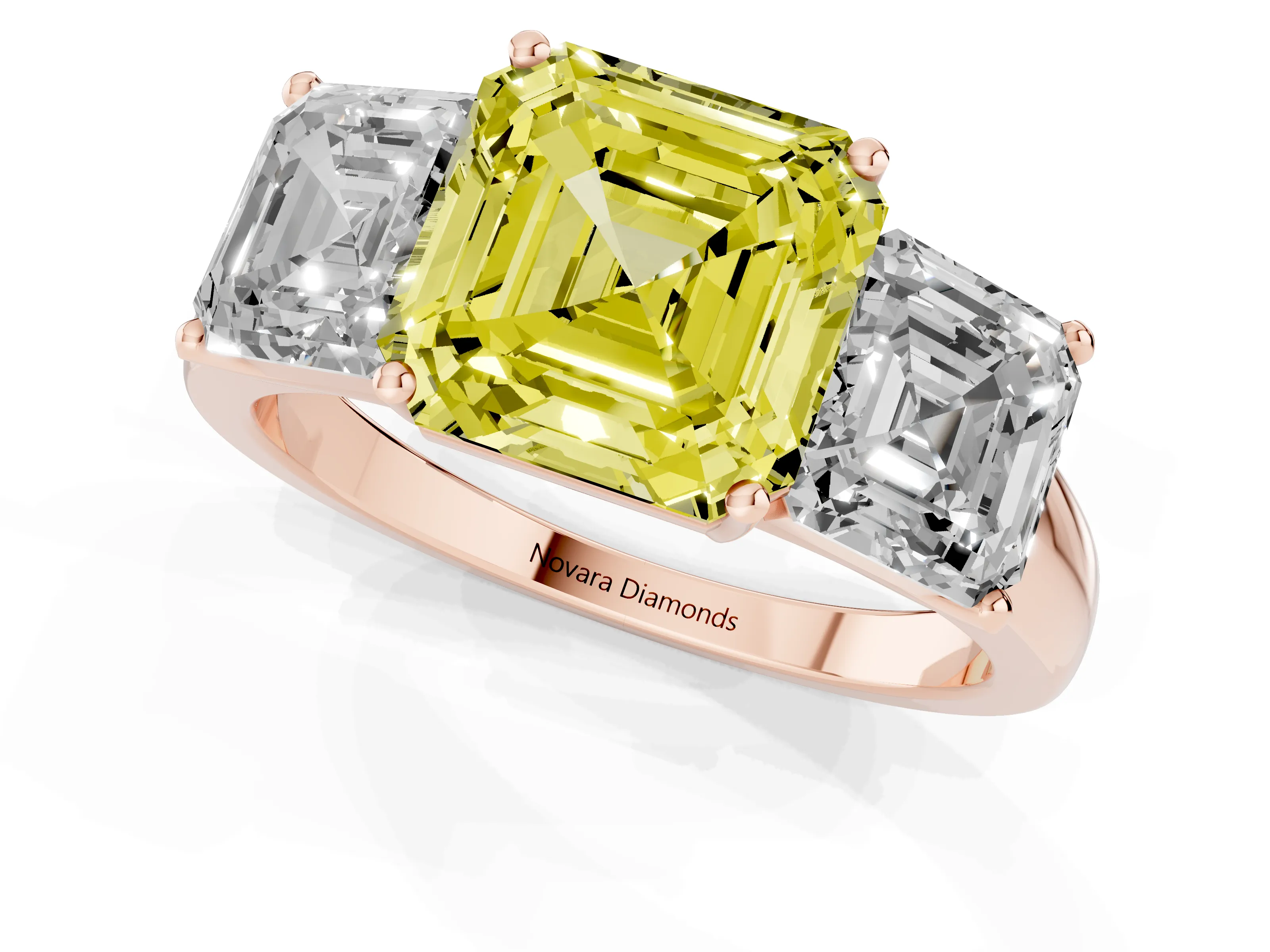 Fancy Yellow Asscher Cut Diamond Three-Stone Ring Set in Rose gold with Classic Prong Setting and Plain Band