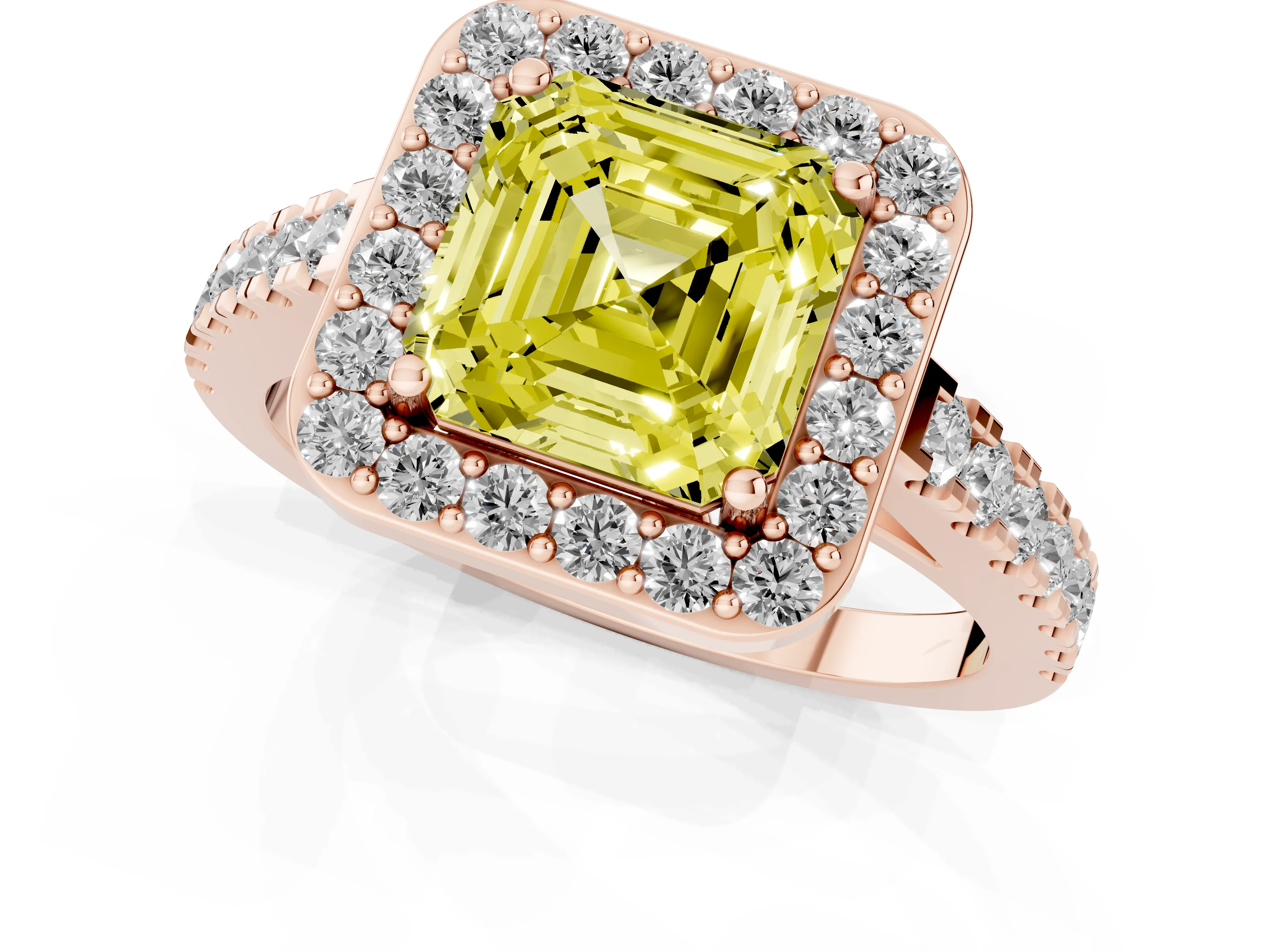 Fancy Yellow Asscher Cut Diamond Halo Ring Set in Rose gold with Round Pavé Split Shank and Prong Setting