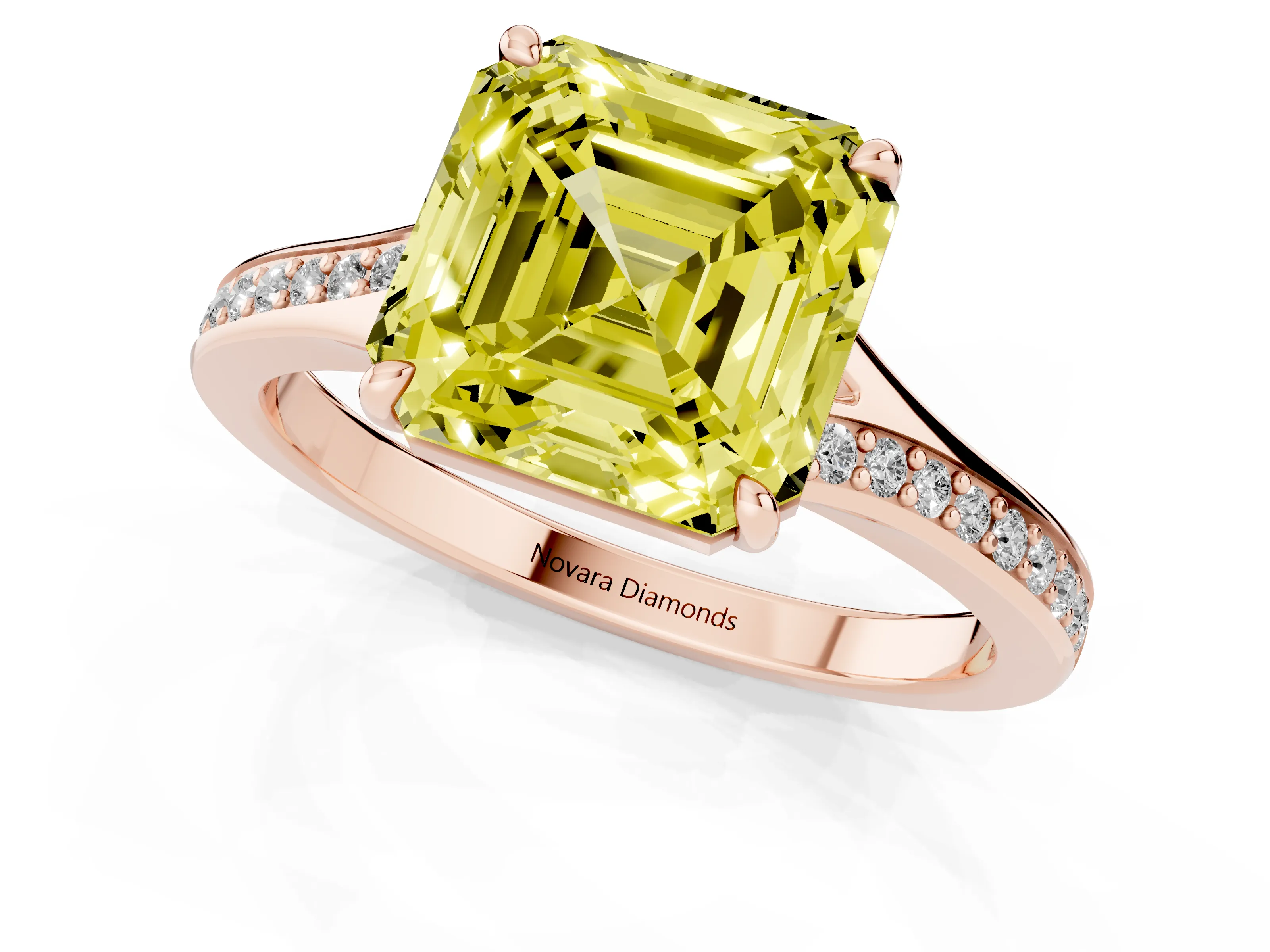 Fancy Yellow Asscher Cut Diamond Solitaire Ring Set in Rose gold with Pavé Accent Band and Classic Prong Setting