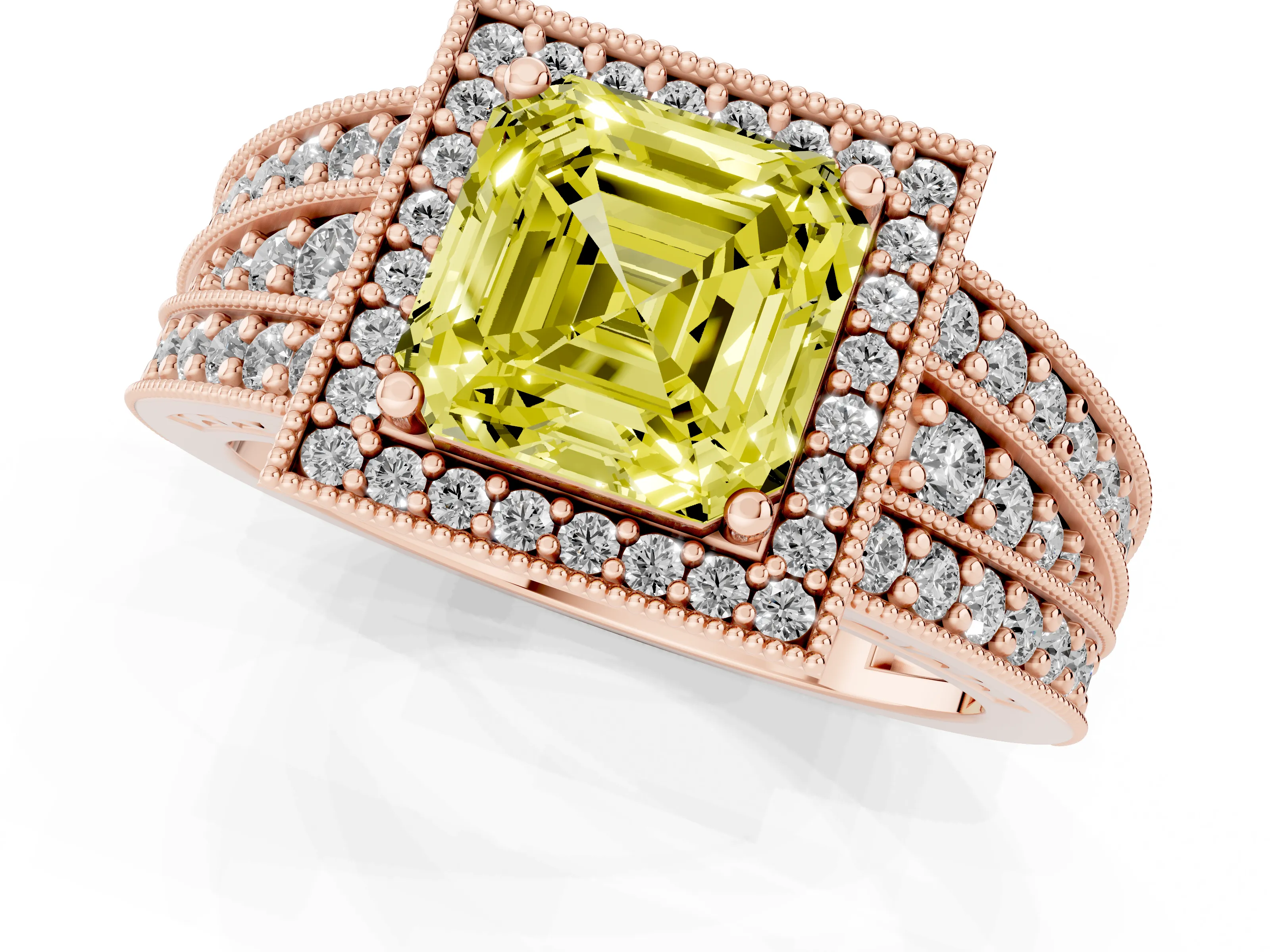 Fancy Yellow Asscher Cut Diamond Halo Ring Set in Rose gold with Accent Split Shank and Prong Setting