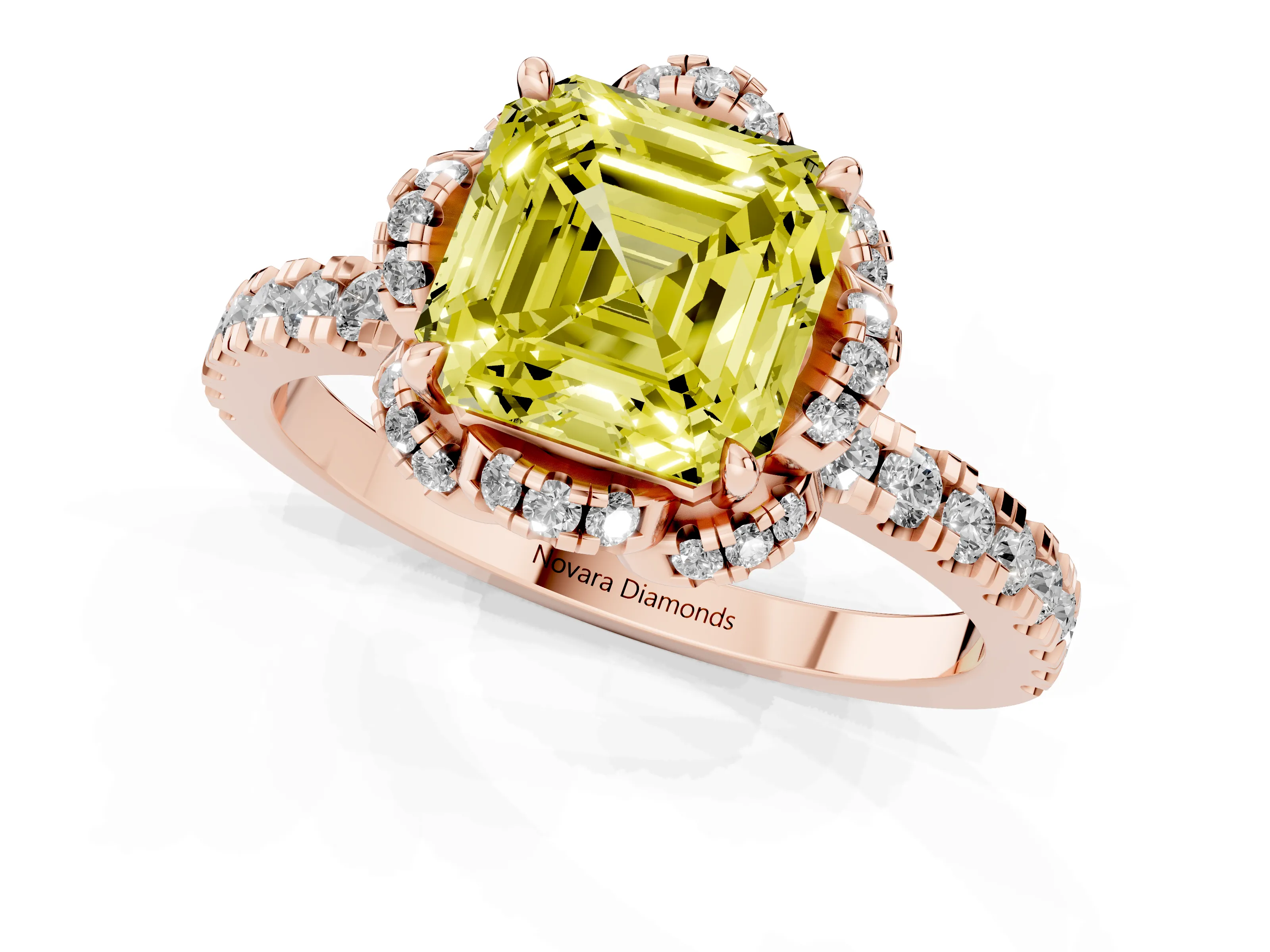 Fancy Yellow Asscher Cut Diamond Halo Pavé Band Ring Set in Rose gold with Prong-Held Center