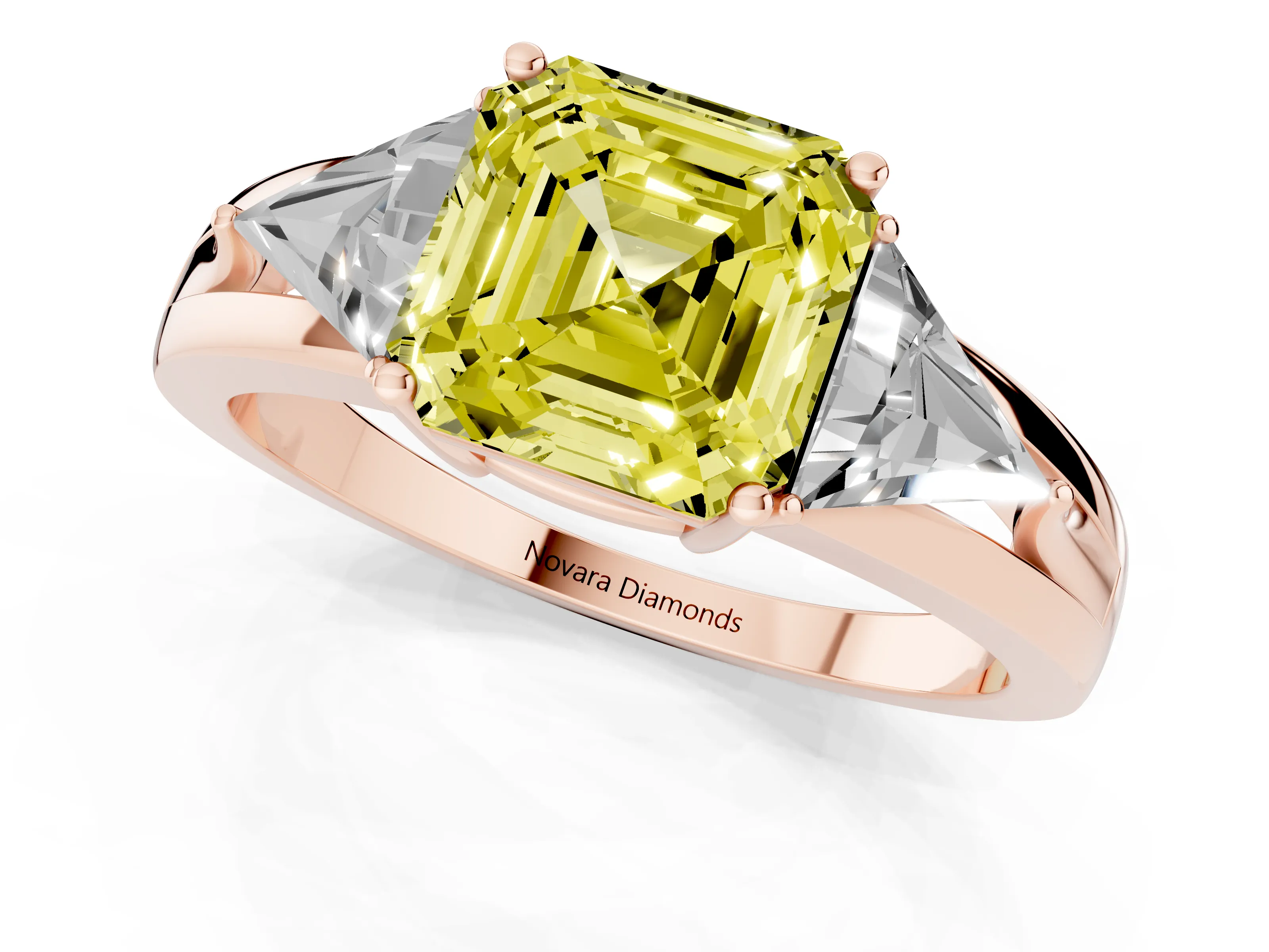 Fancy Yellow Asscher Cut Diamond Three-Stone Ring Set in Rose gold with Trillion Side Stones and Split Shank