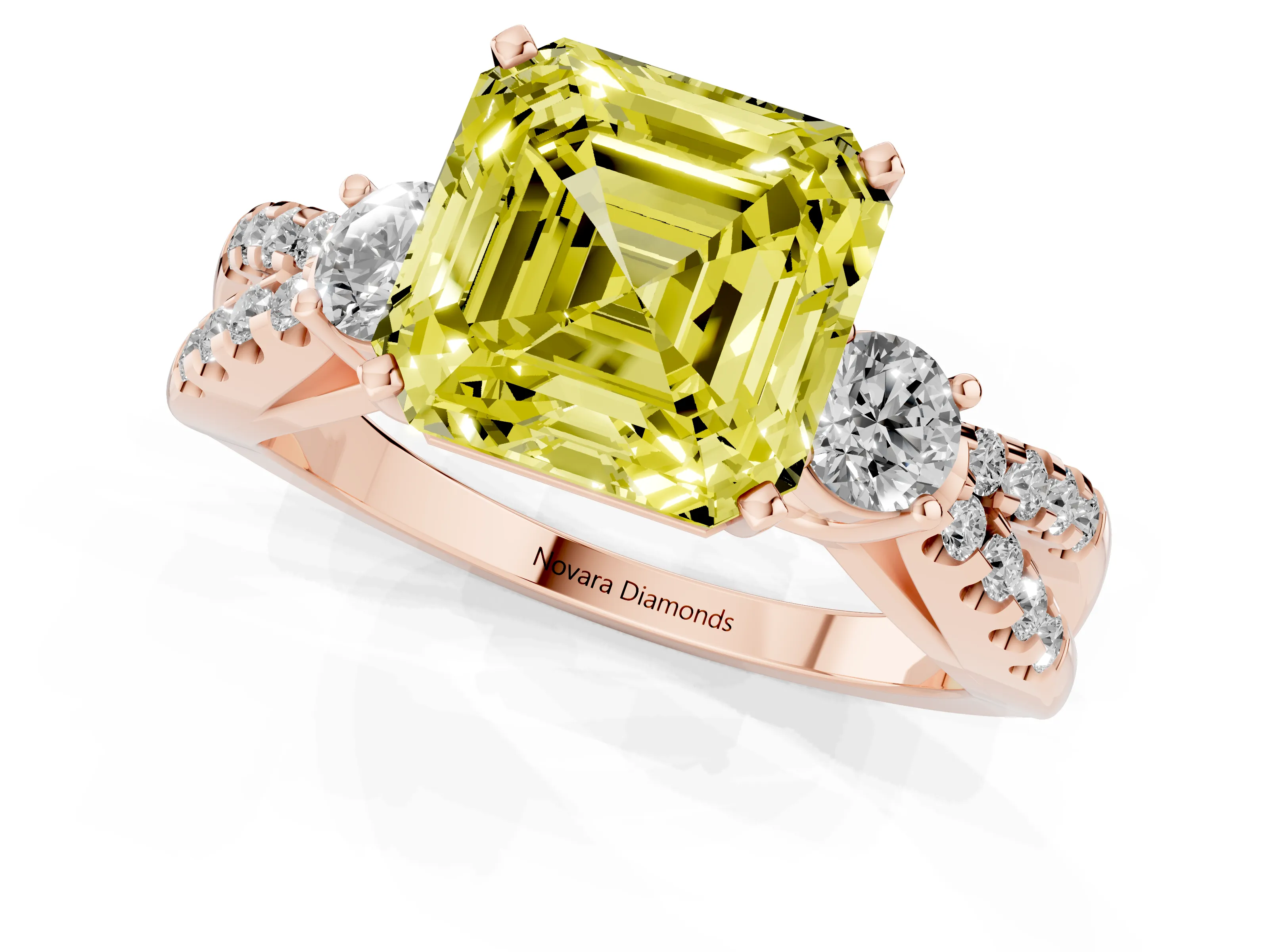 Fancy Yellow Asscher Cut Diamond Three-Stone Ring Set in Rose gold with Pavé Split Shank and Prong Setting