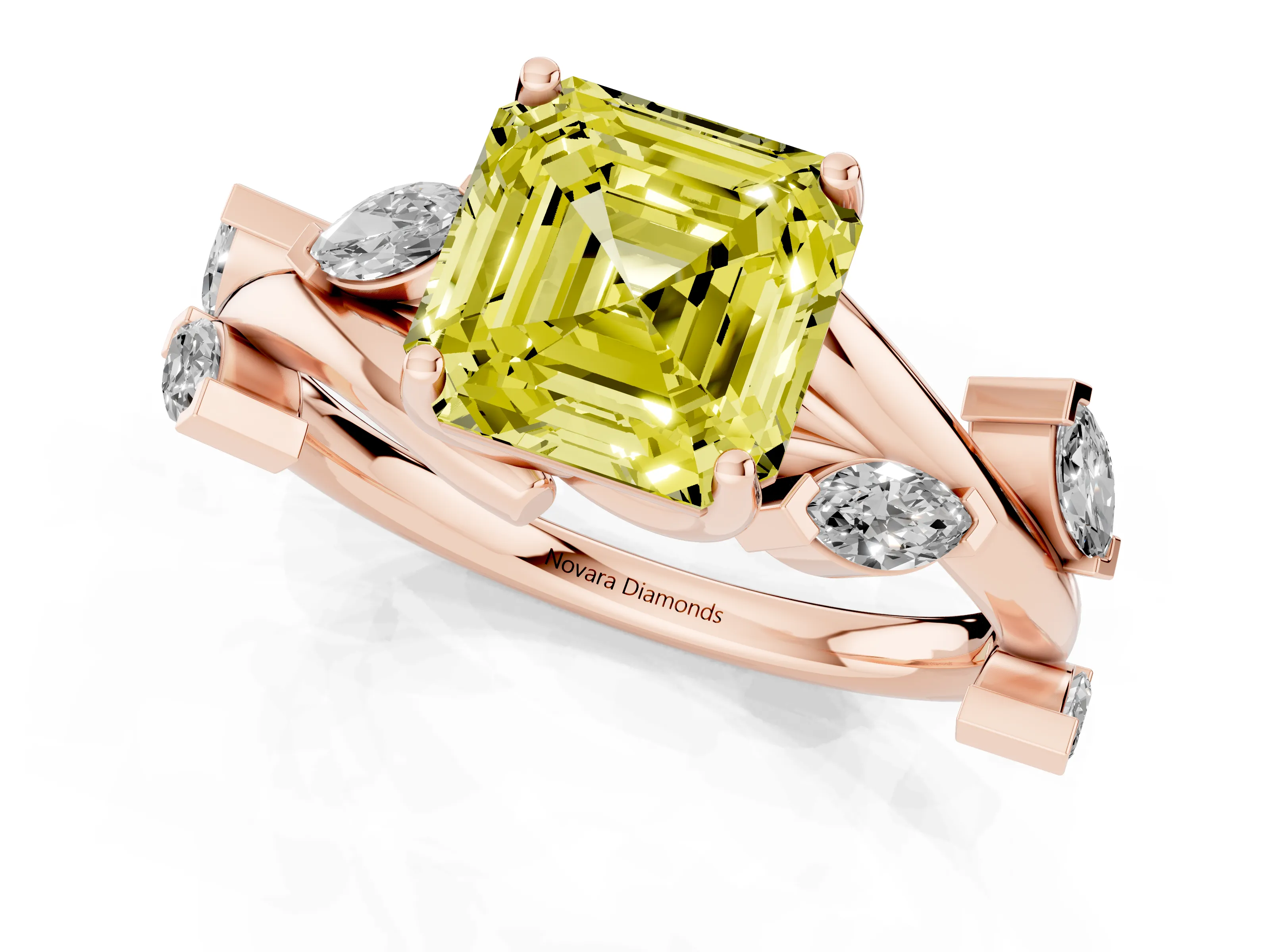Fancy Yellow Asscher Cut Diamond Solitaire Ring Set in Rose gold with Twisted Marquise Accent Band