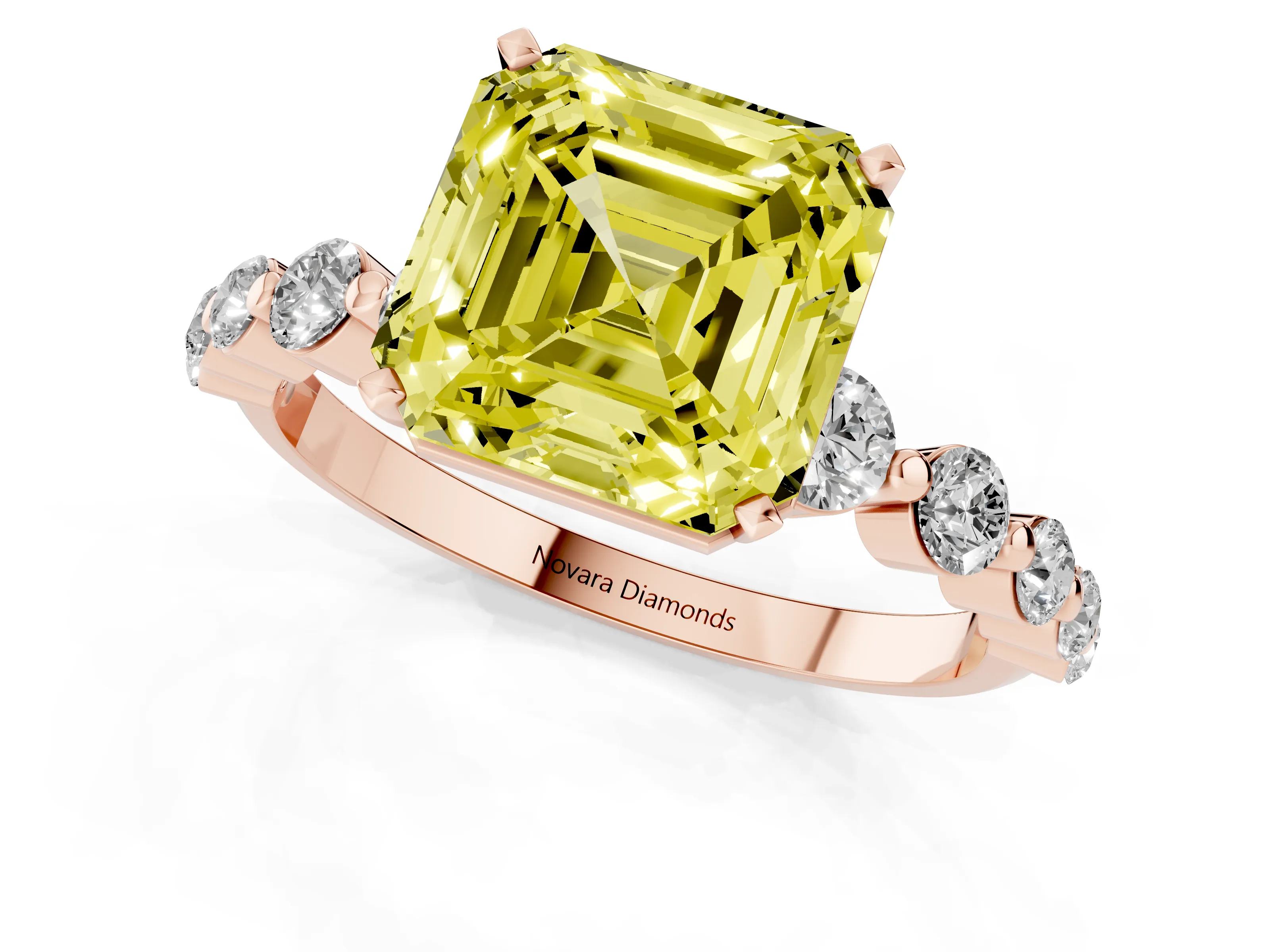 Fancy Yellow Asscher Cut Diamond Solitaire Ring Set in Rose gold with Pavé Band and Prong Setting