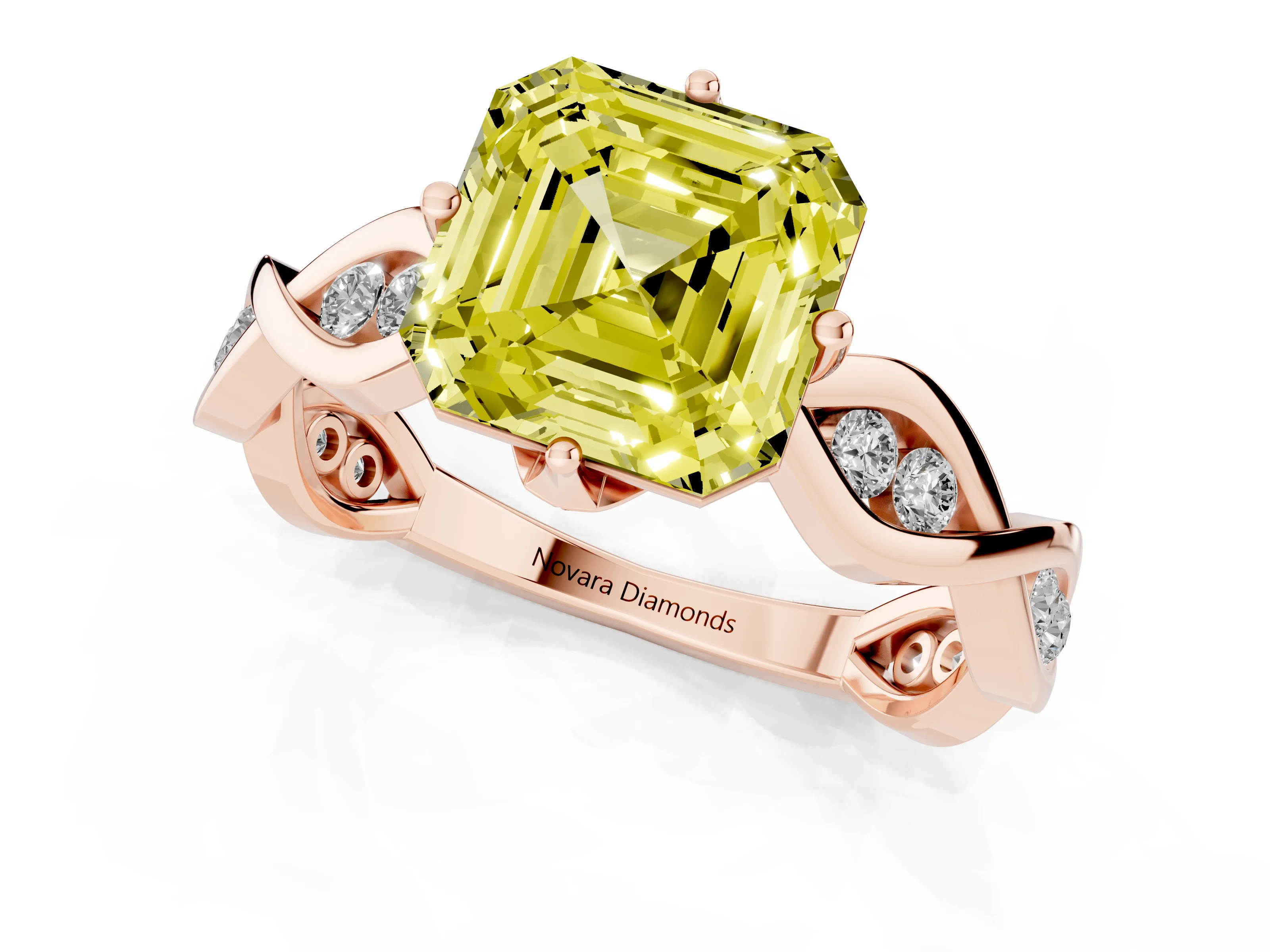 Fancy Yellow Asscher Cut Diamond Twist Band Solitaire Ring Set in Rose gold with Leaf Prong Setting and Accent Stones