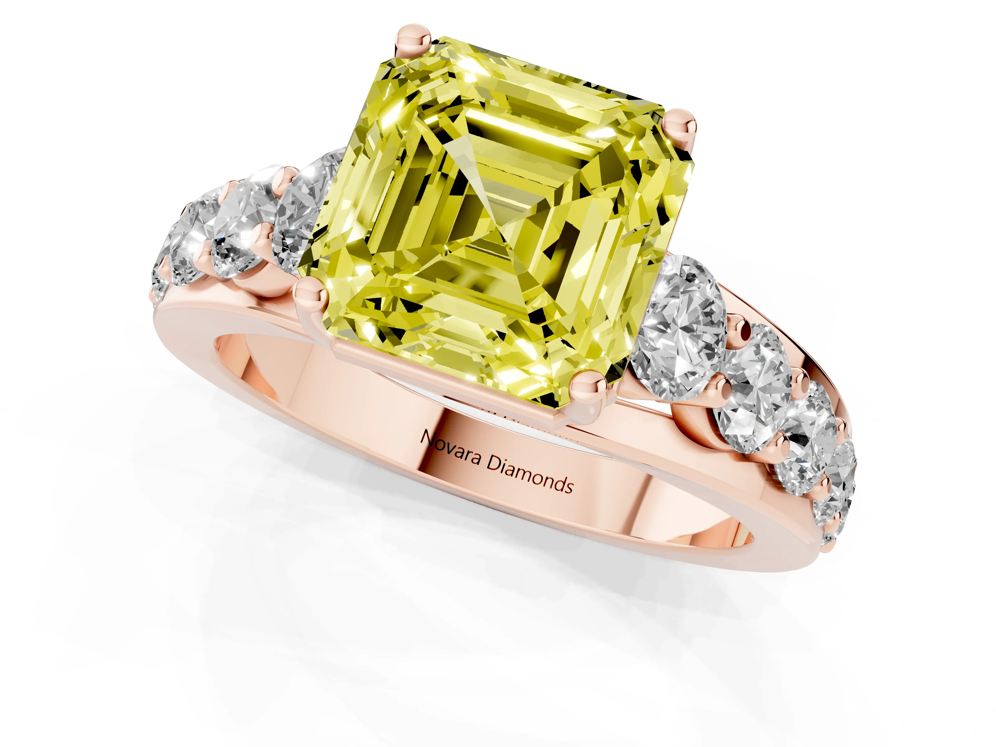 Fancy Yellow Asscher Cut Diamond Pavé Engagement Ring Set in Rose gold with Prong Setting