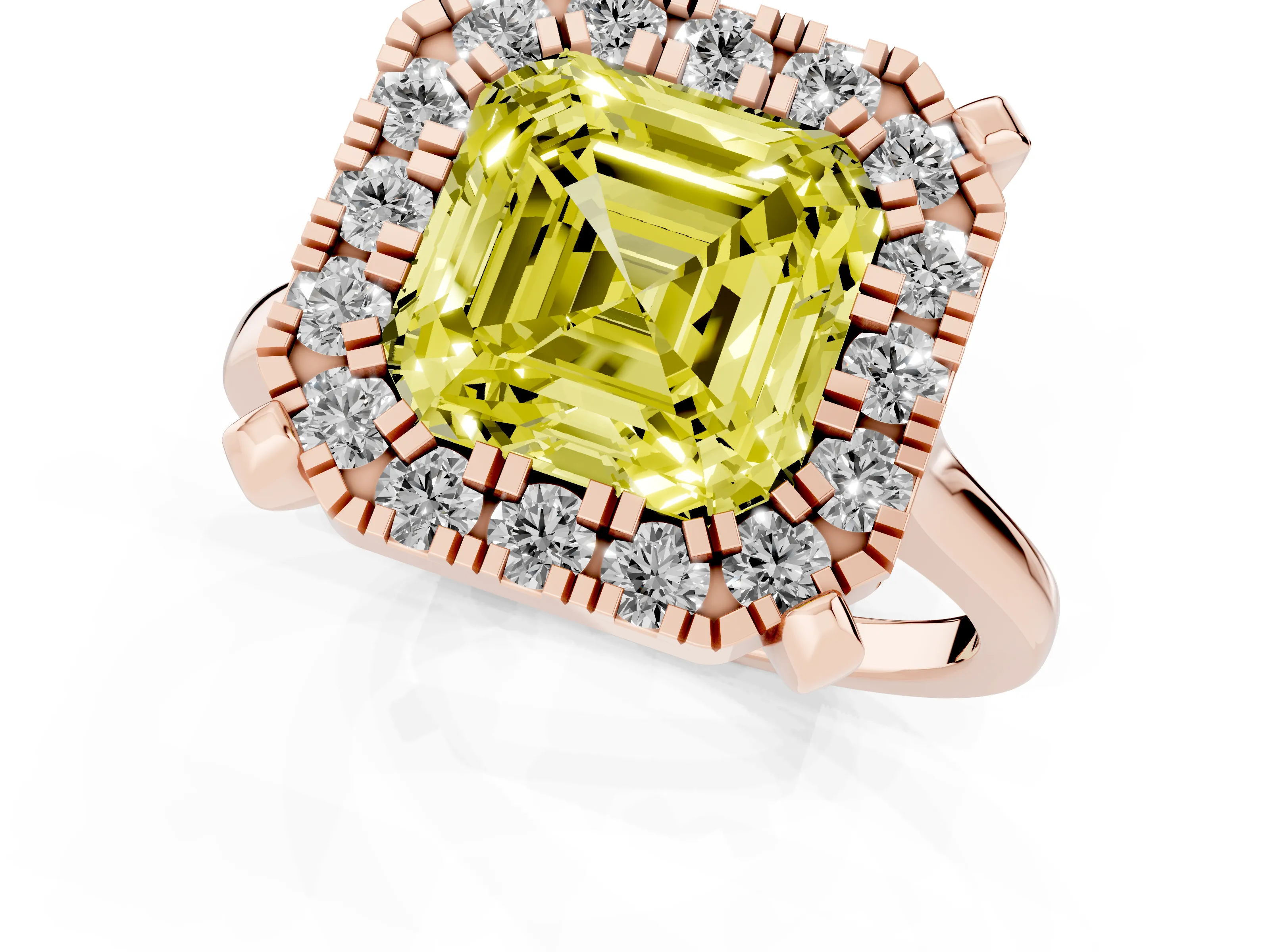 Fancy Yellow Asscher Cut Diamond Cluster Halo Solitaire Ring Set in Rose gold with Prong Setting