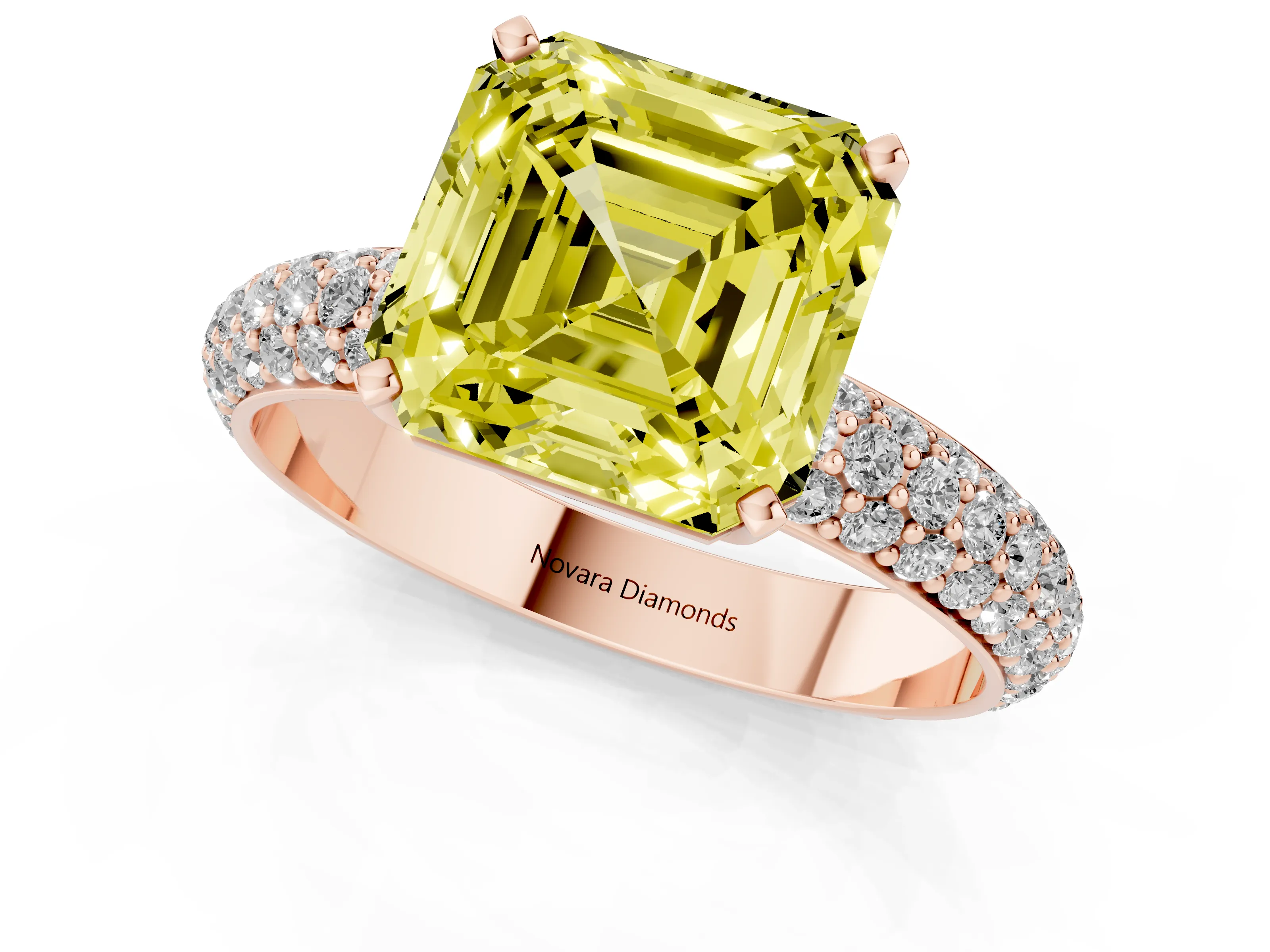 Fancy Yellow Asscher Cut Diamond Solitaire Ring Set in Rose gold with Prong Setting and Pavé-Set Band
