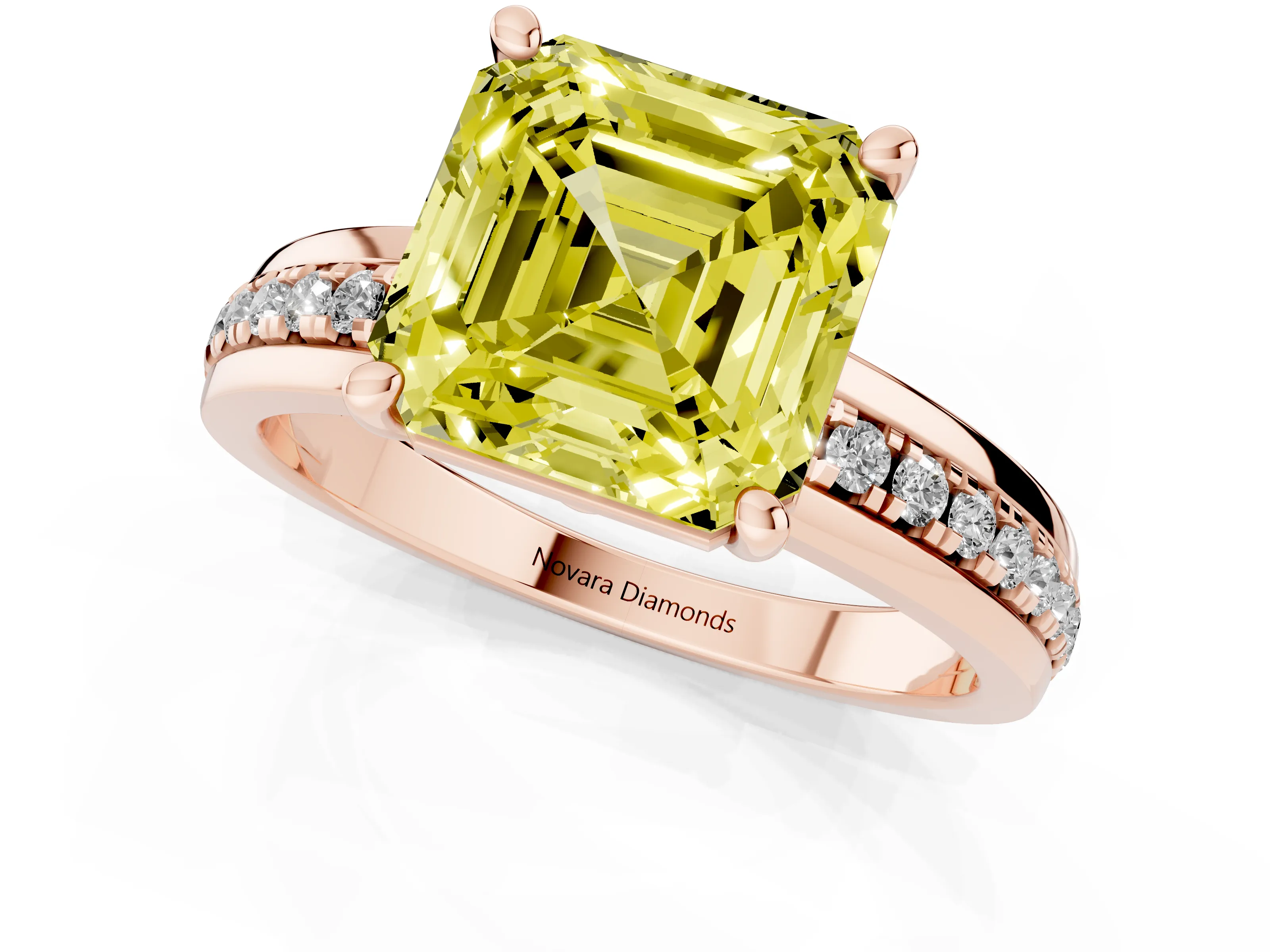 Fancy Yellow Asscher Cut Diamond Solitaire Ring Set in Rose gold with Channel Set Band and Prong Setting