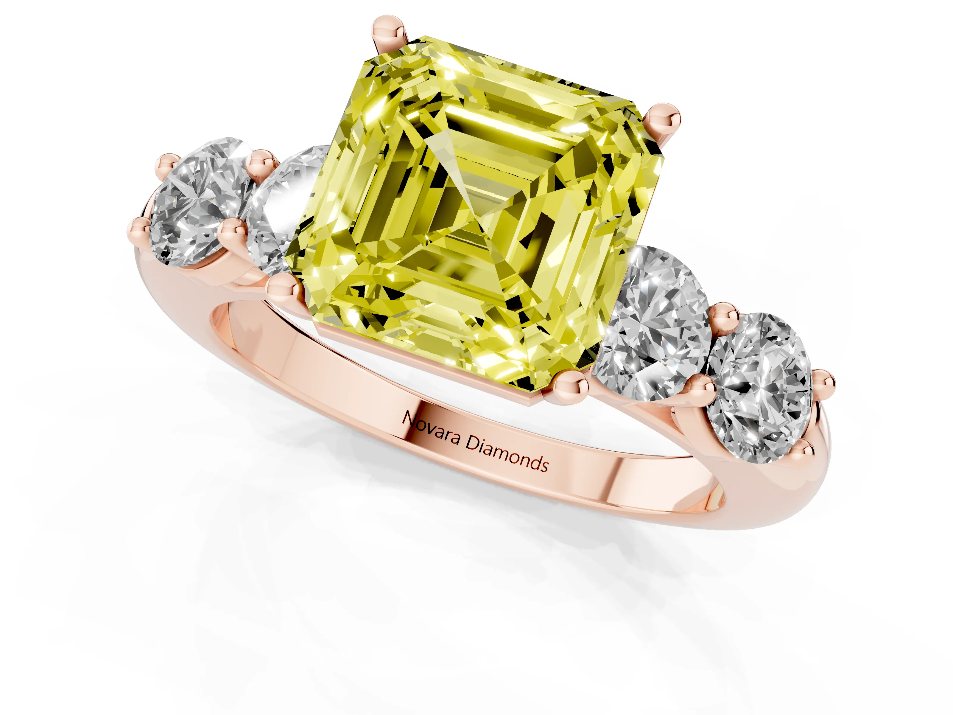 Fancy Yellow Asscher Cut Diamond Five-Stone Prong Set Ring Set in Rose gold with Classic Band