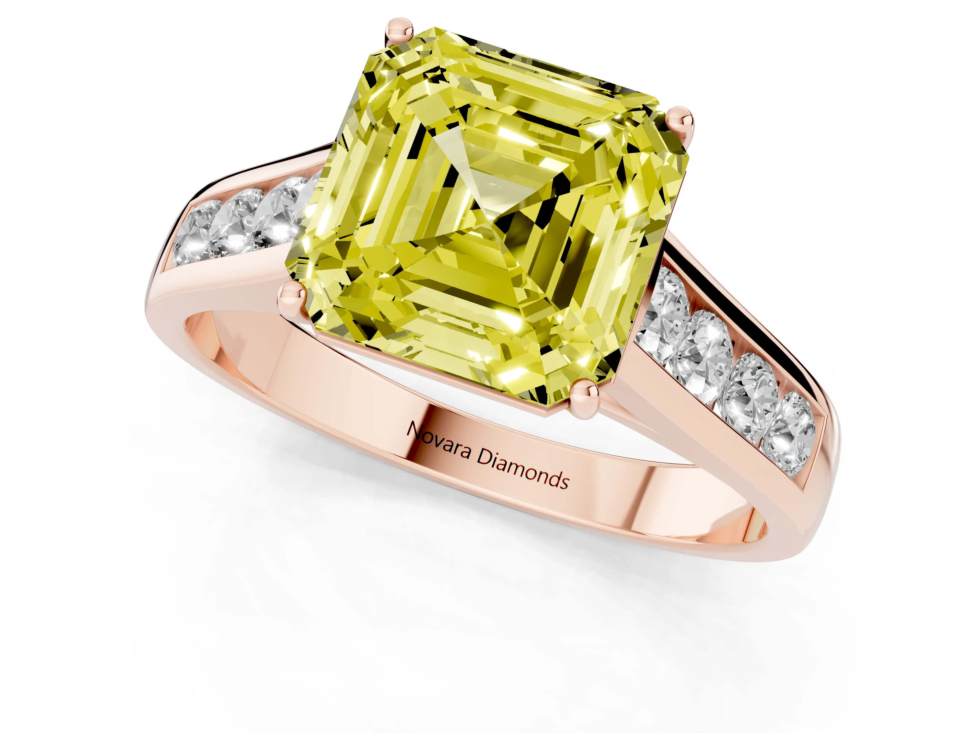 Fancy Yellow Asscher Cut Diamond Brilliant Channel-Set Solitaire Ring Set in Rose gold with Prong Setting