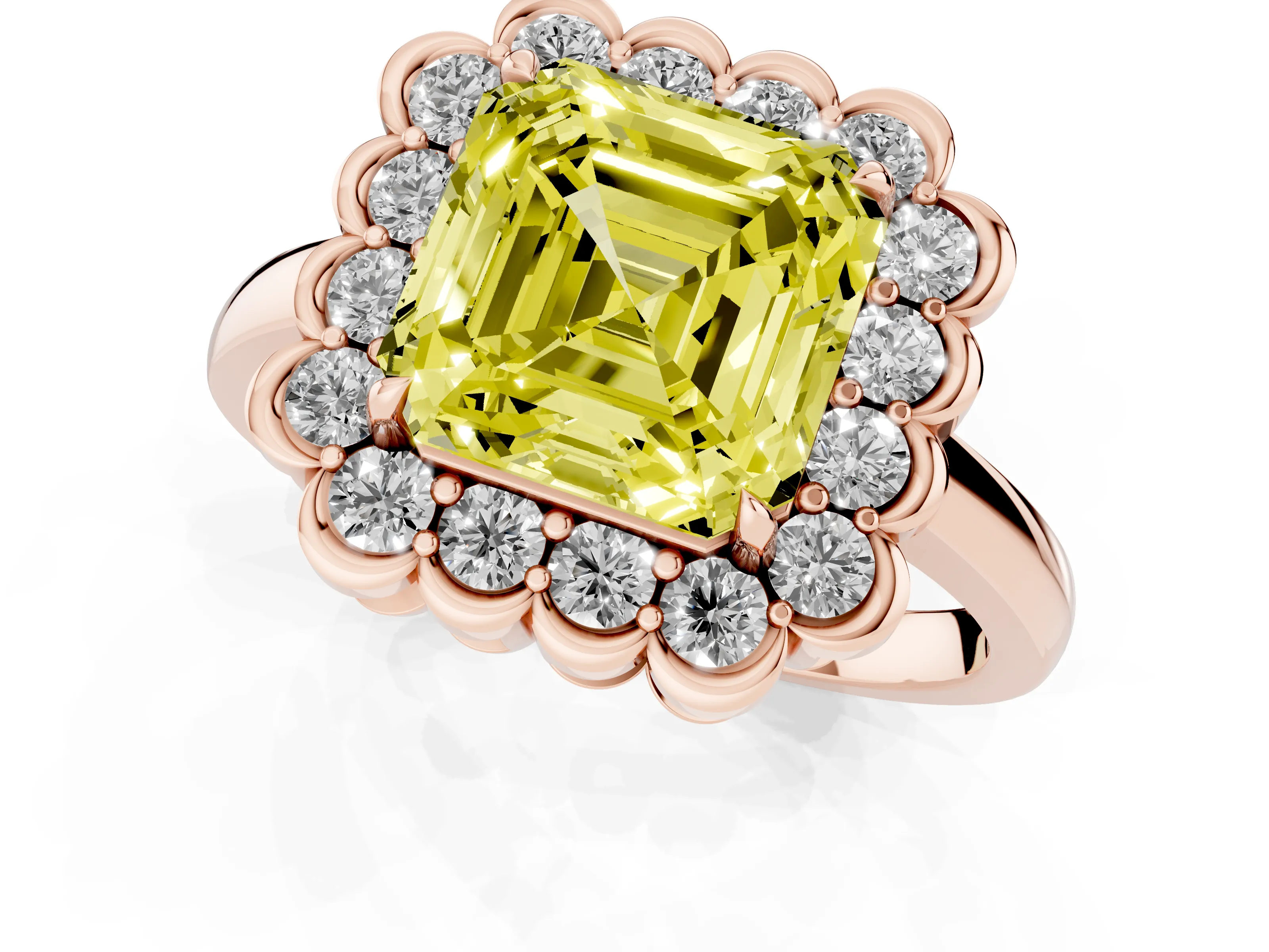 Fancy Yellow Asscher Cut Diamond Halo Cluster Engagement Ring Set in Rose gold with Solitaire Band and Prong Setting