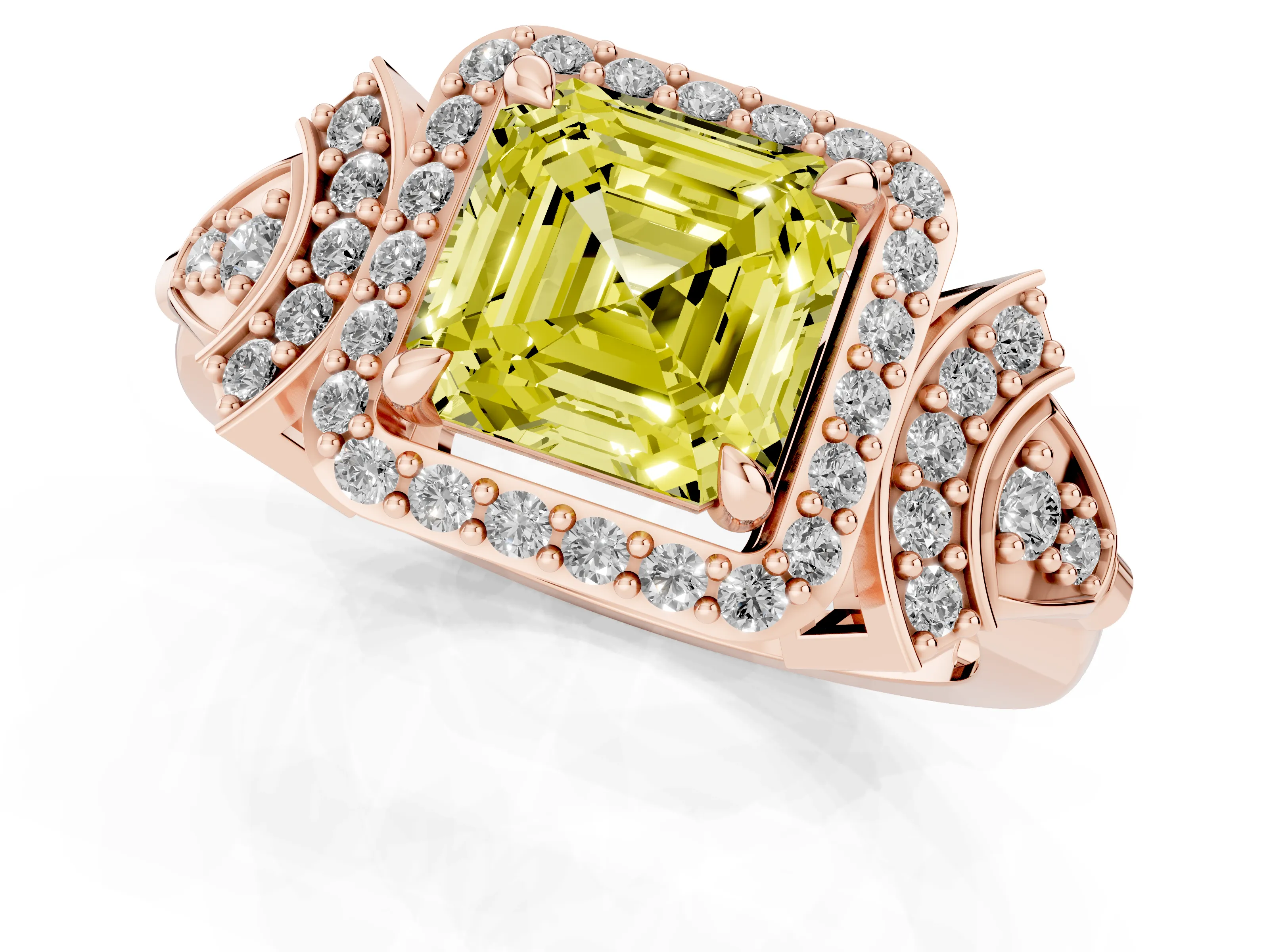 Fancy Yellow Asscher Cut Diamond Halo Engagement Ring Set in Rose gold with Accent Stone Split Shank