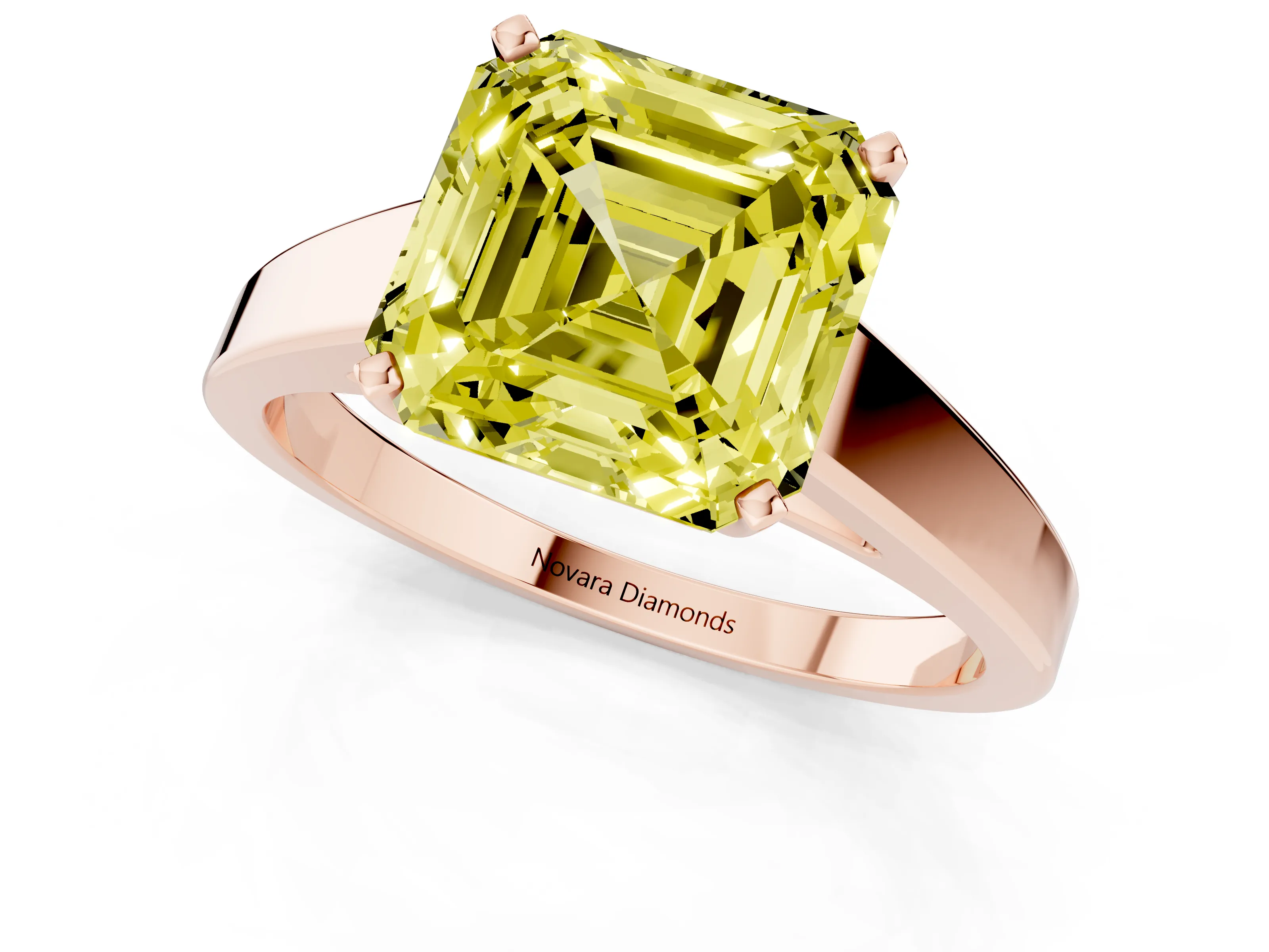 Fancy Yellow Asscher Cut Diamond Solitaire Engagement Ring Set in Rose gold with Prong Setting and Tapered Band
