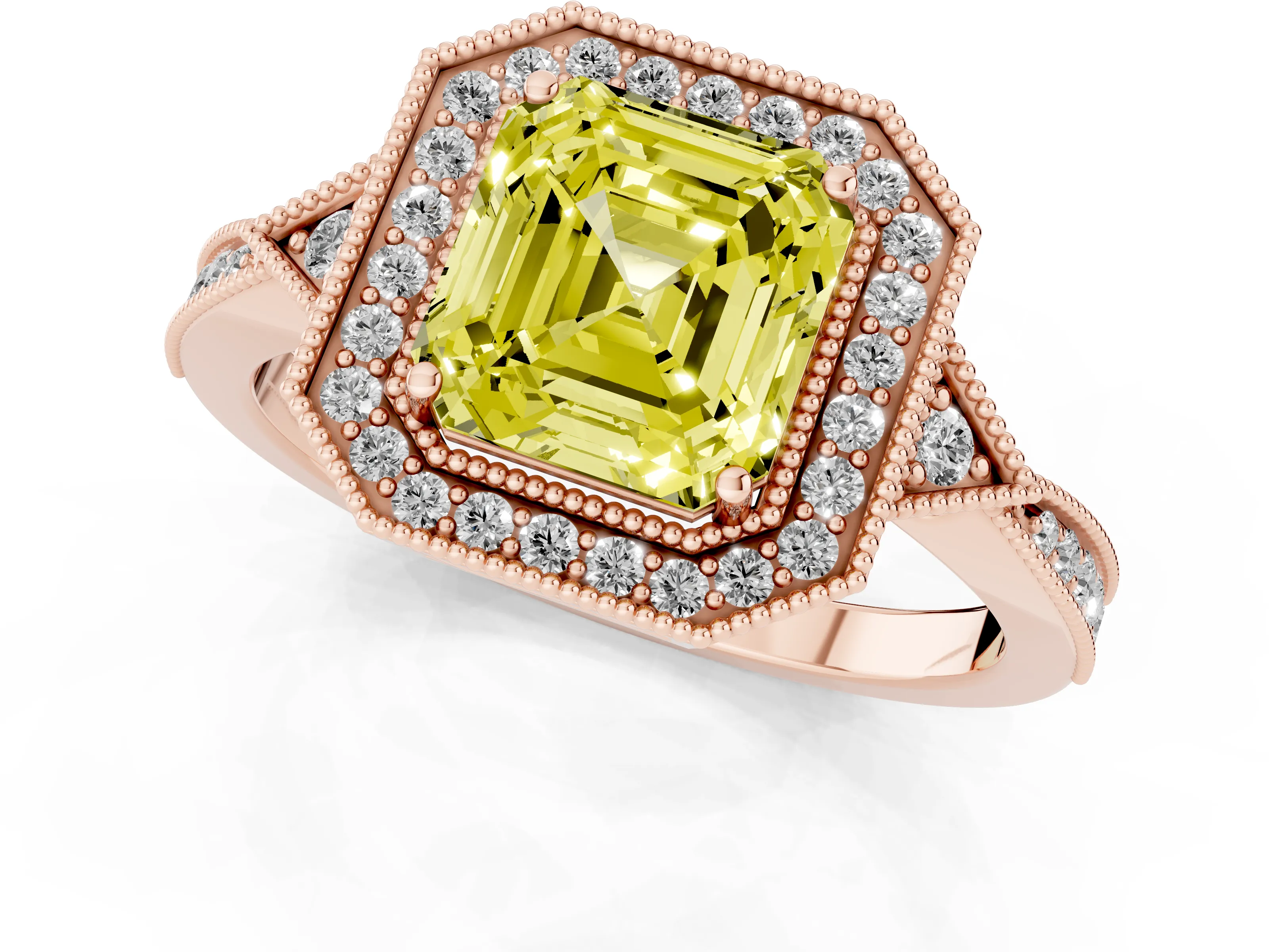 Fancy Yellow Asscher Cut Diamond Halo Engagement Ring Set in Rose gold with Milgrain Pavé Band