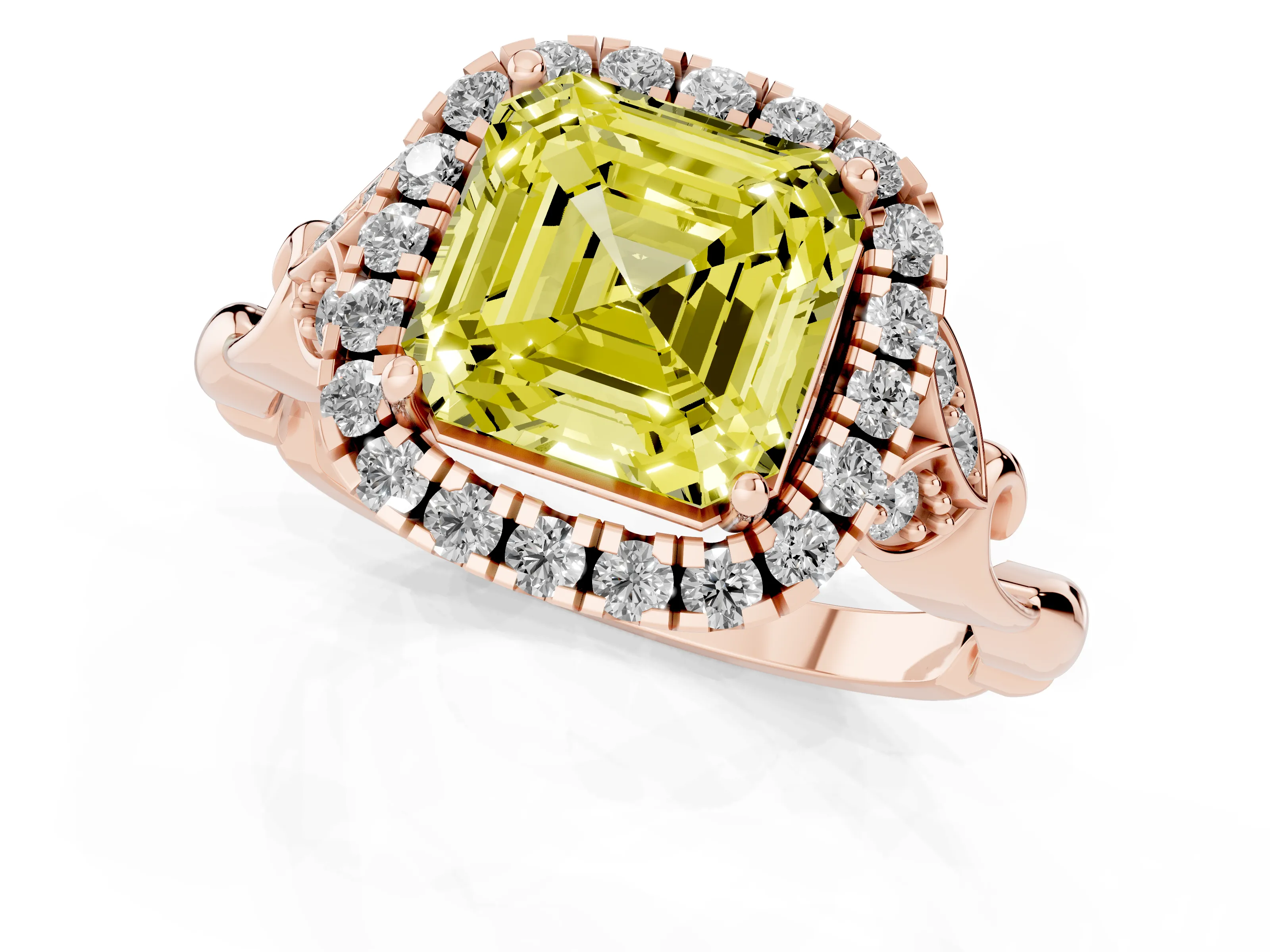 Fancy Yellow Asscher Cut Diamond Halo Engagement Ring Set in Rose gold with Vintage-Inspired Band and Prong Setting