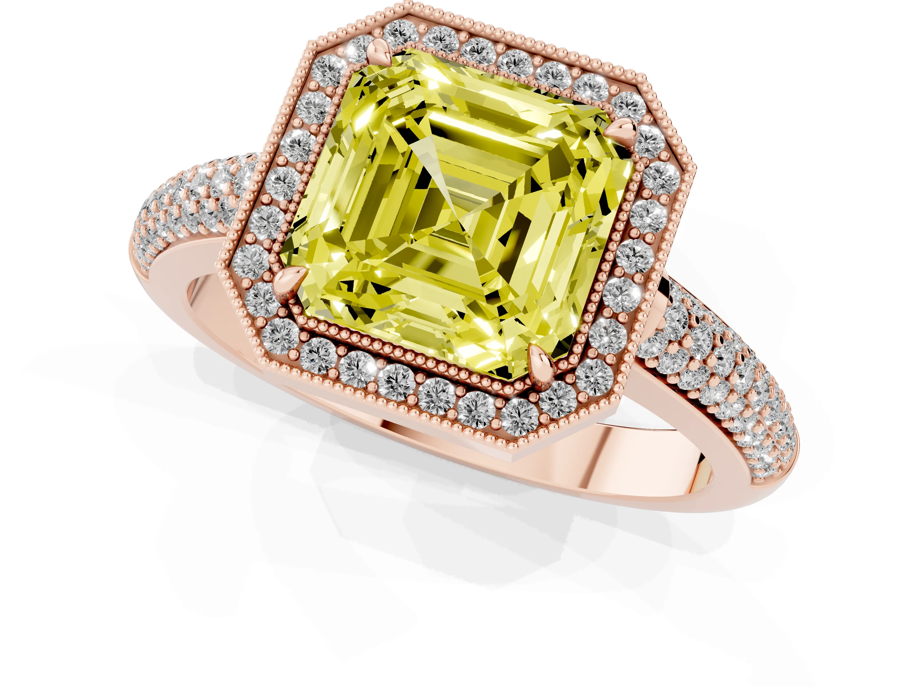Fancy Yellow Asscher Cut Diamond Halo Pavé Band Set in Rose gold with Prong Setting