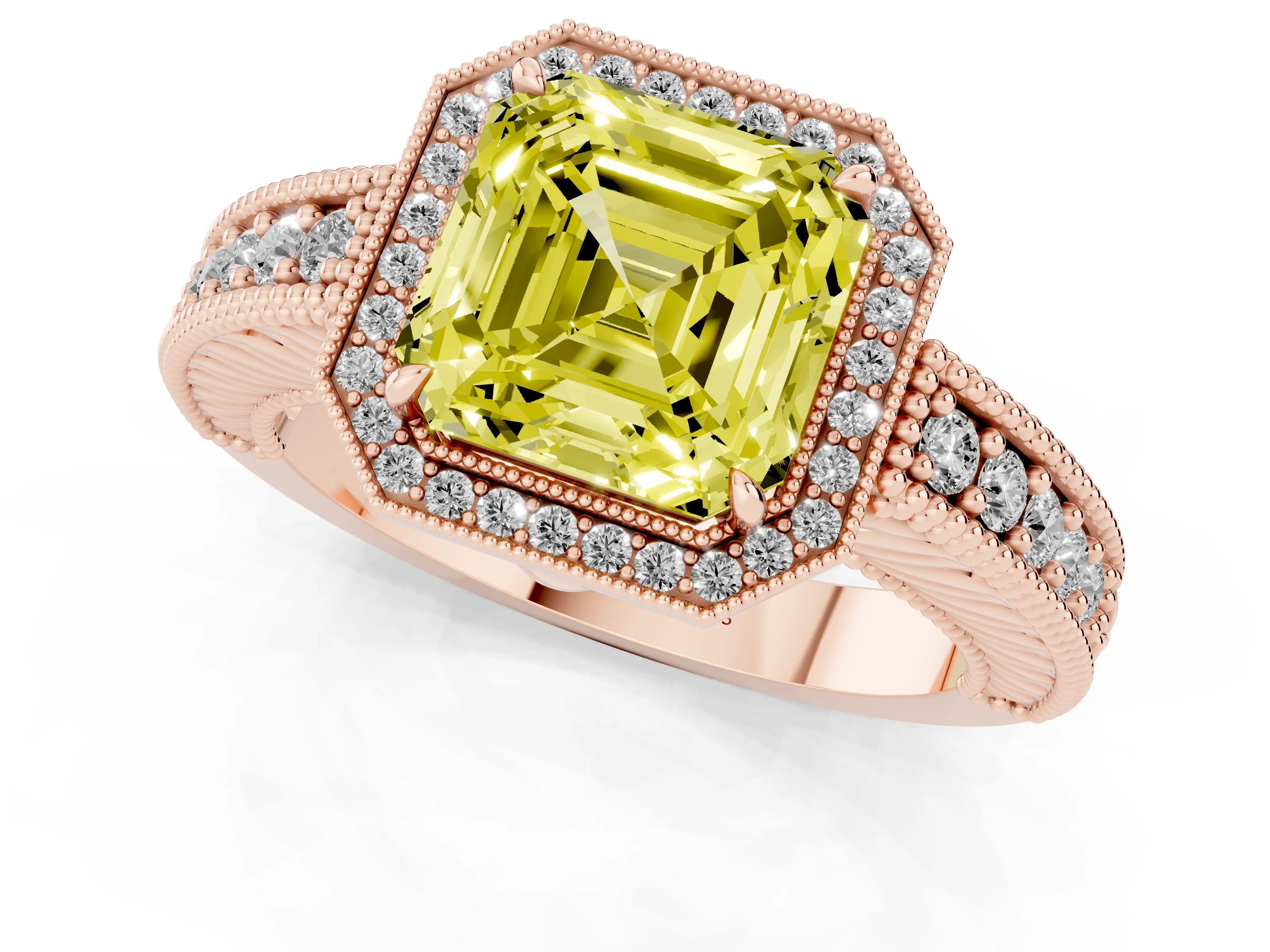 Fancy Yellow Asscher Cut Diamond Halo Ring Set in Rose gold with Round Accent Halo, Pavé Band and Prong Setting