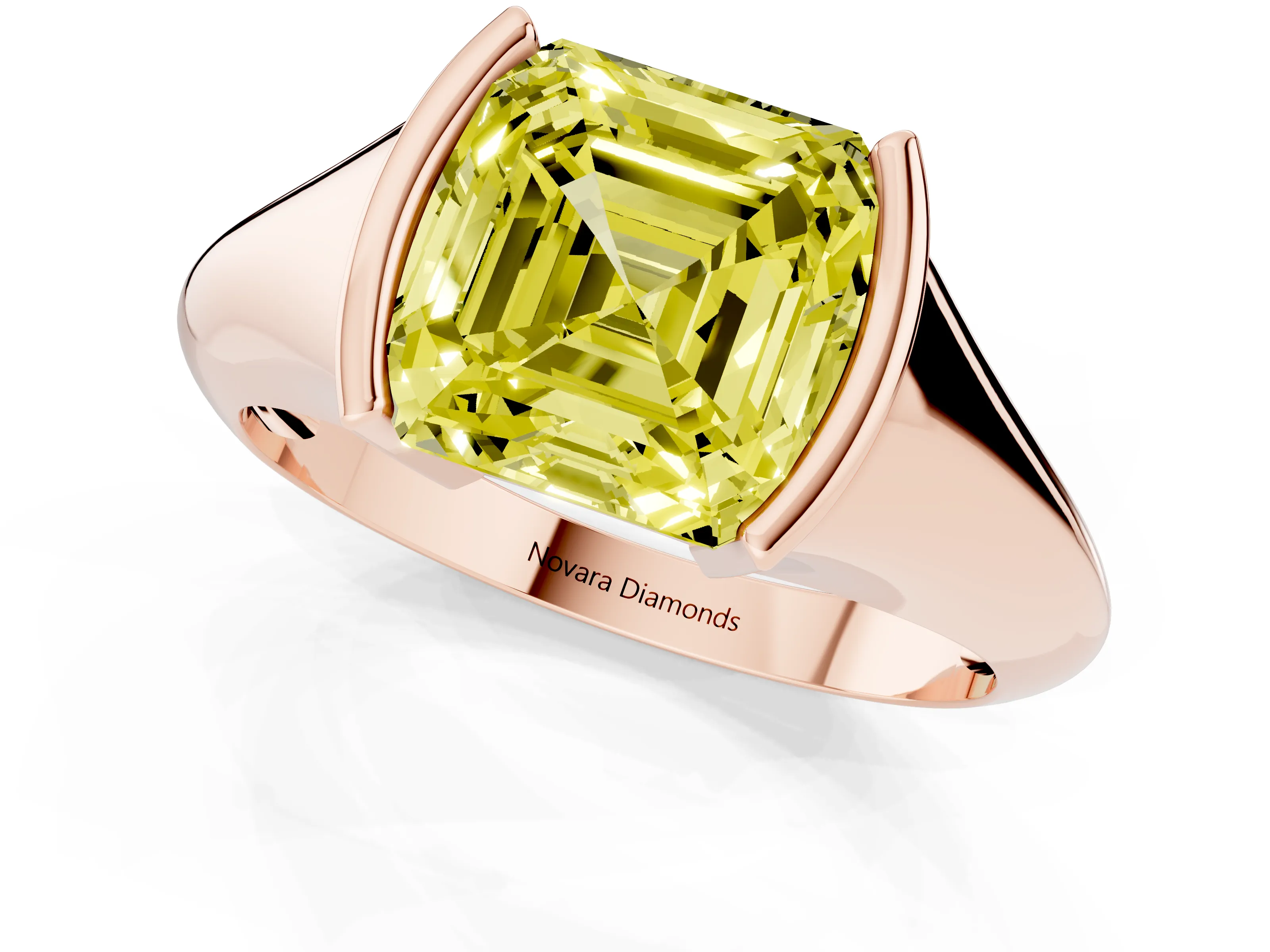 Fancy Yellow Asscher Cut Diamond Solitaire Tension Set Ring Set in Rose gold