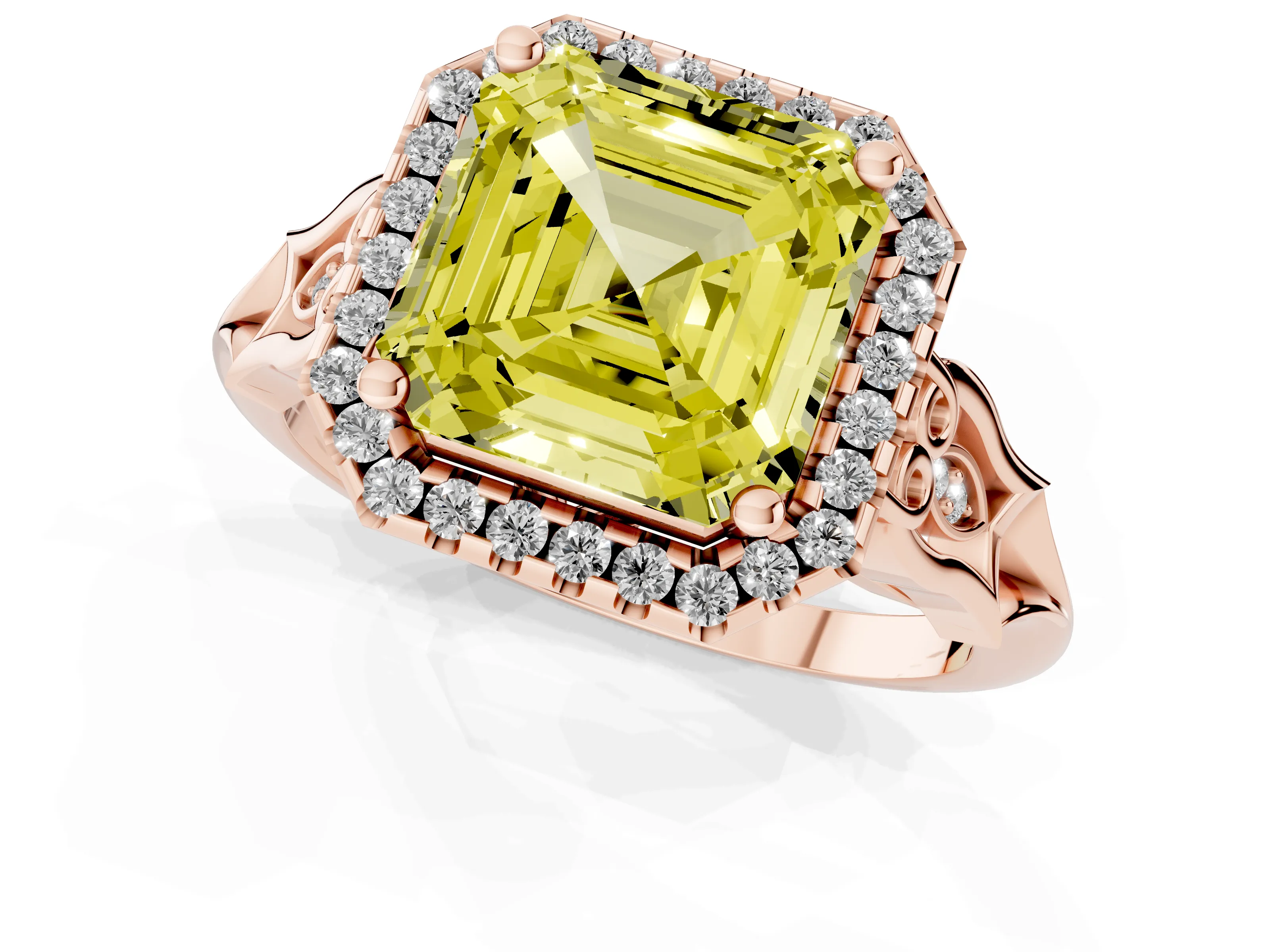Fancy Yellow Asscher Cut Diamond Halo Engagement Ring Set in Rose gold with Filigree Band and Prong-Set Center